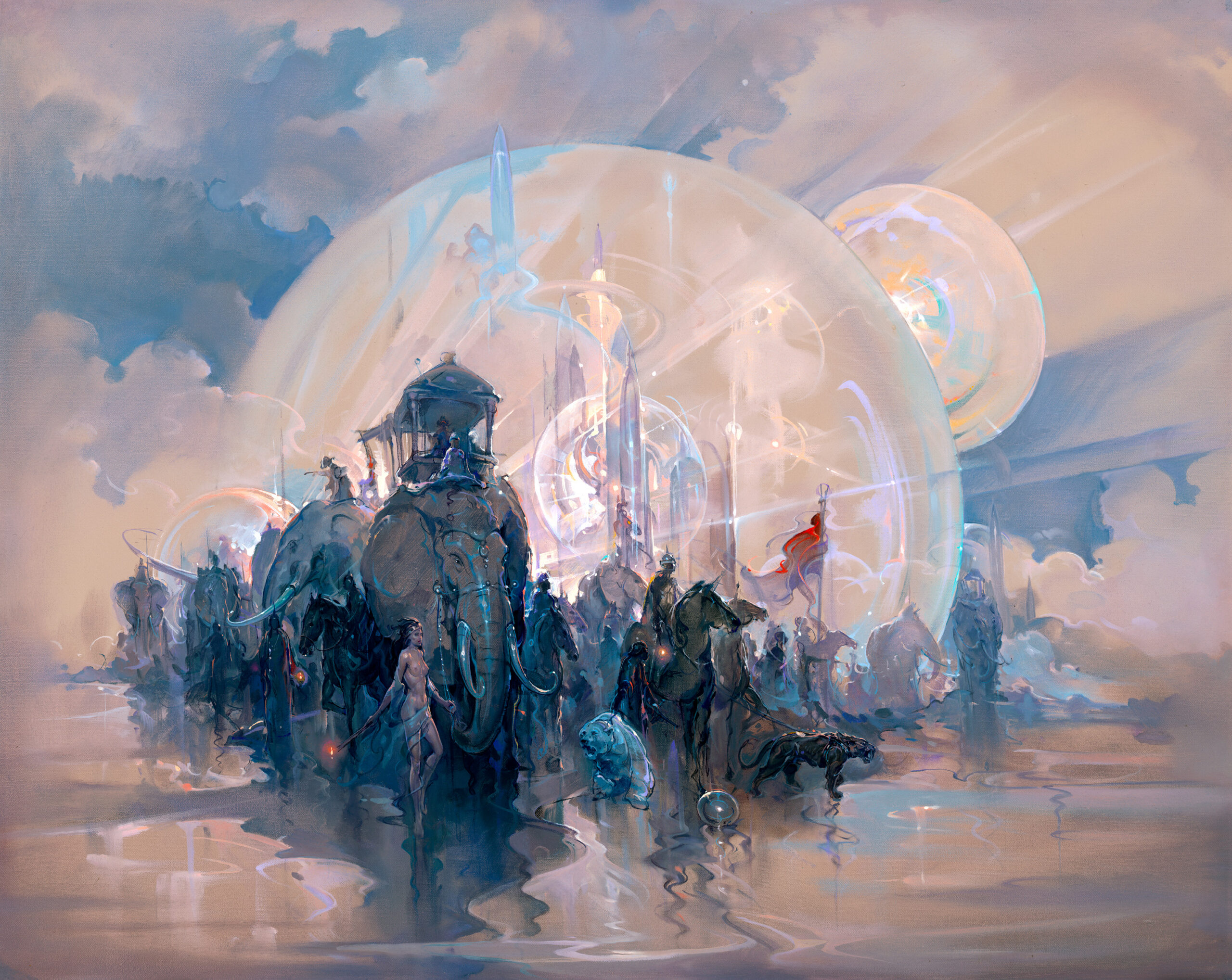 John Pitre Marchers in Time surreal painting featuring procession of figures, elephants, and horses moving through reflective landscape beneath glowing spheres and futuristic structures, symbolizing human evolution, time progression, and civilization across eras