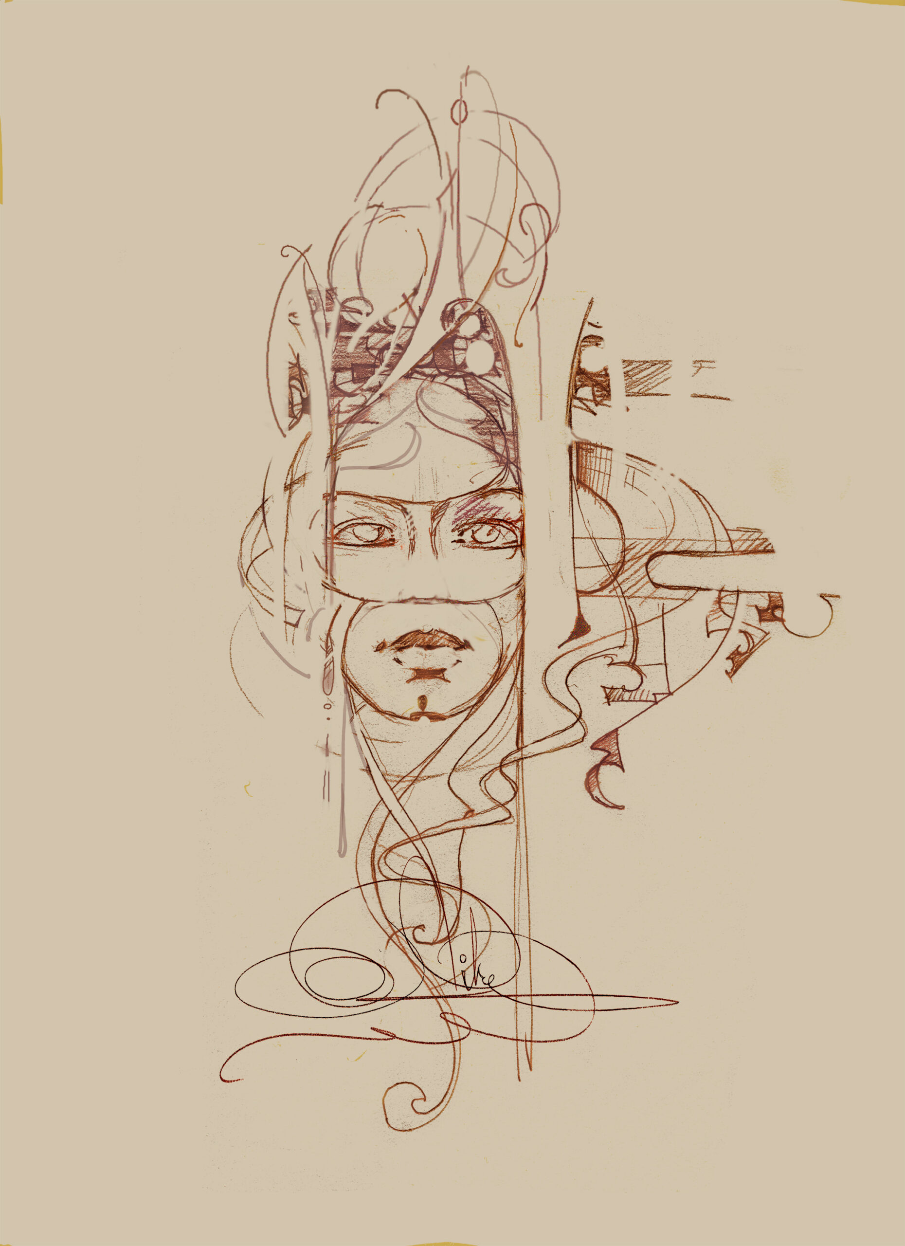 John Pitre Mardi Gras Mask surreal ink drawing featuring masked female face with intricate linework and abstract flowing forms on sepia background, symbolizing identity, mystery, and transformation in minimalist visionary artwork