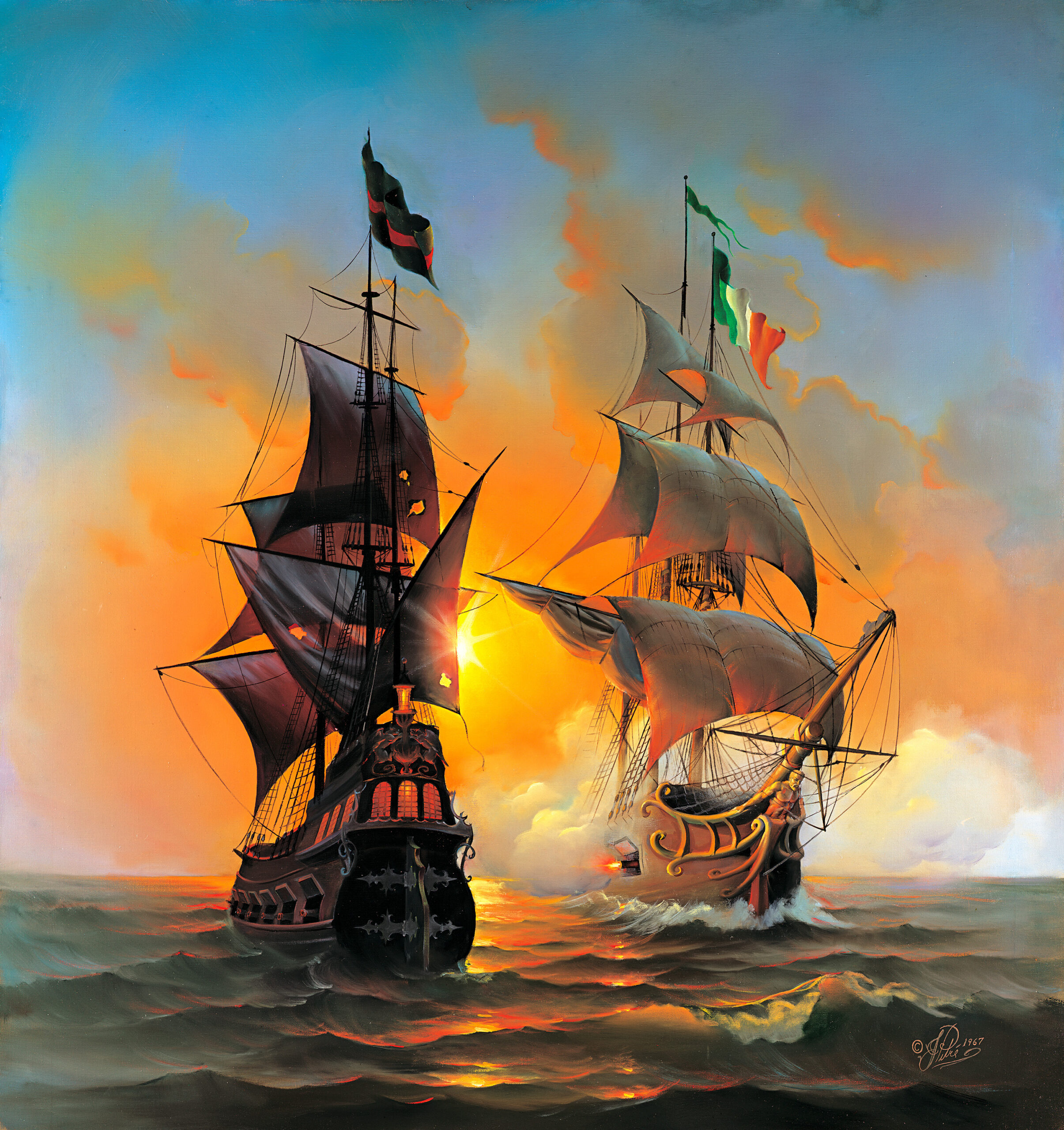 John Pitre The Stolen Armada painting featuring two historic sailing ships with full sails on open ocean at sunset beneath Irish and Italian flags, dramatic maritime artwork symbolizing power, heritage, rivalry, and alliance