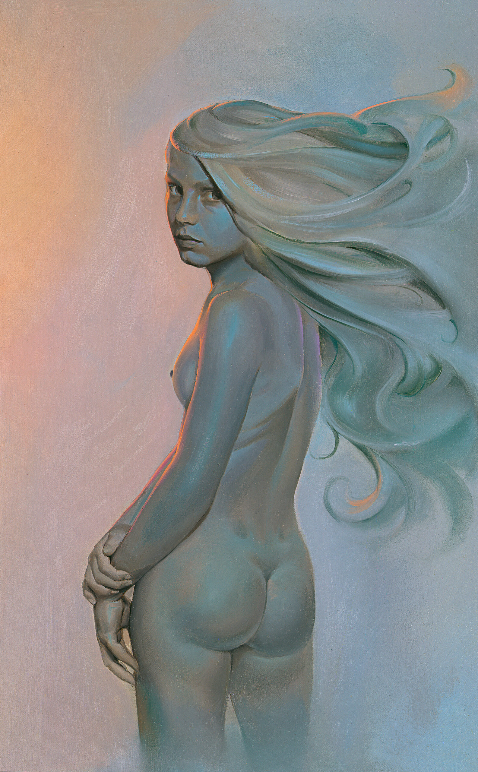 John Pitre Michelle painting featuring female nude portrait with flowing hair and soft pastel tones, expressive figurative fine art highlighting natural beauty, form, and elegance in contemporary surreal style