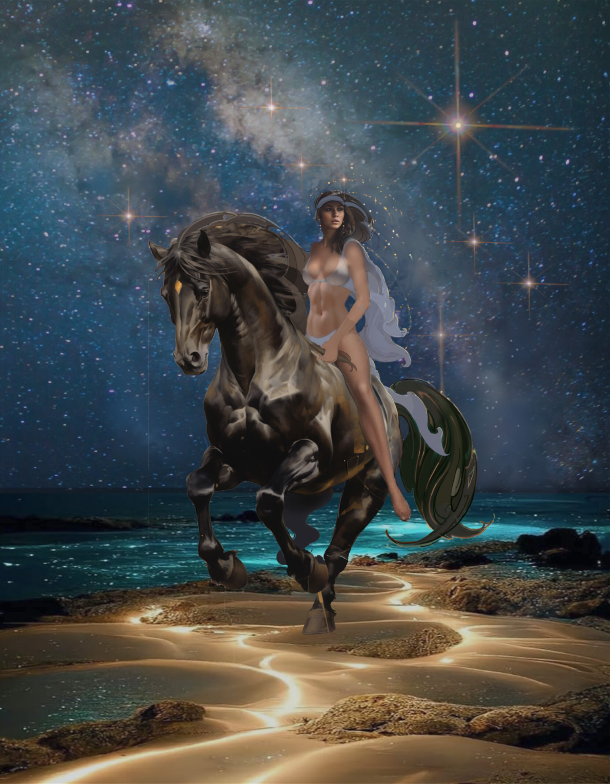 John Pitre Night Rider painting featuring female figure riding black horse on glowing shoreline under star-filled sky, surreal coastal fantasy artwork blending celestial night scene, ocean reflections, and mythic symbolism in visionary fine art style