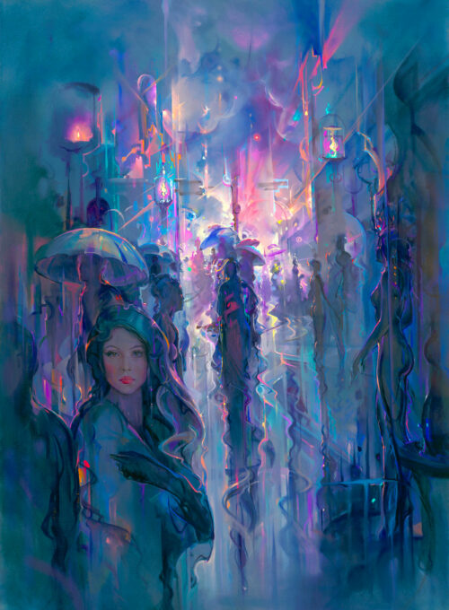 Night Street by John Pitre urban artwork featuring dramatic lighting, shadow, and atmospheric city scene with strong contrast and depth