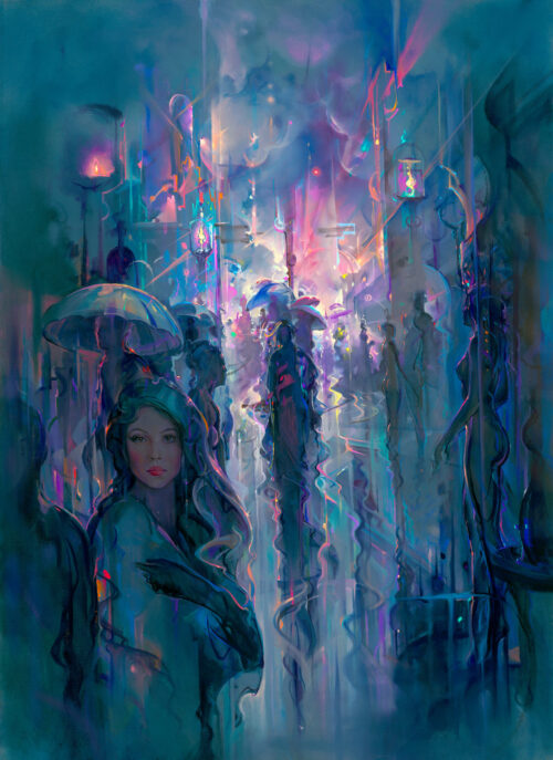 Night Street by John Pitre urban artwork featuring dramatic lighting, shadow, and atmospheric city scene with strong contrast and depth