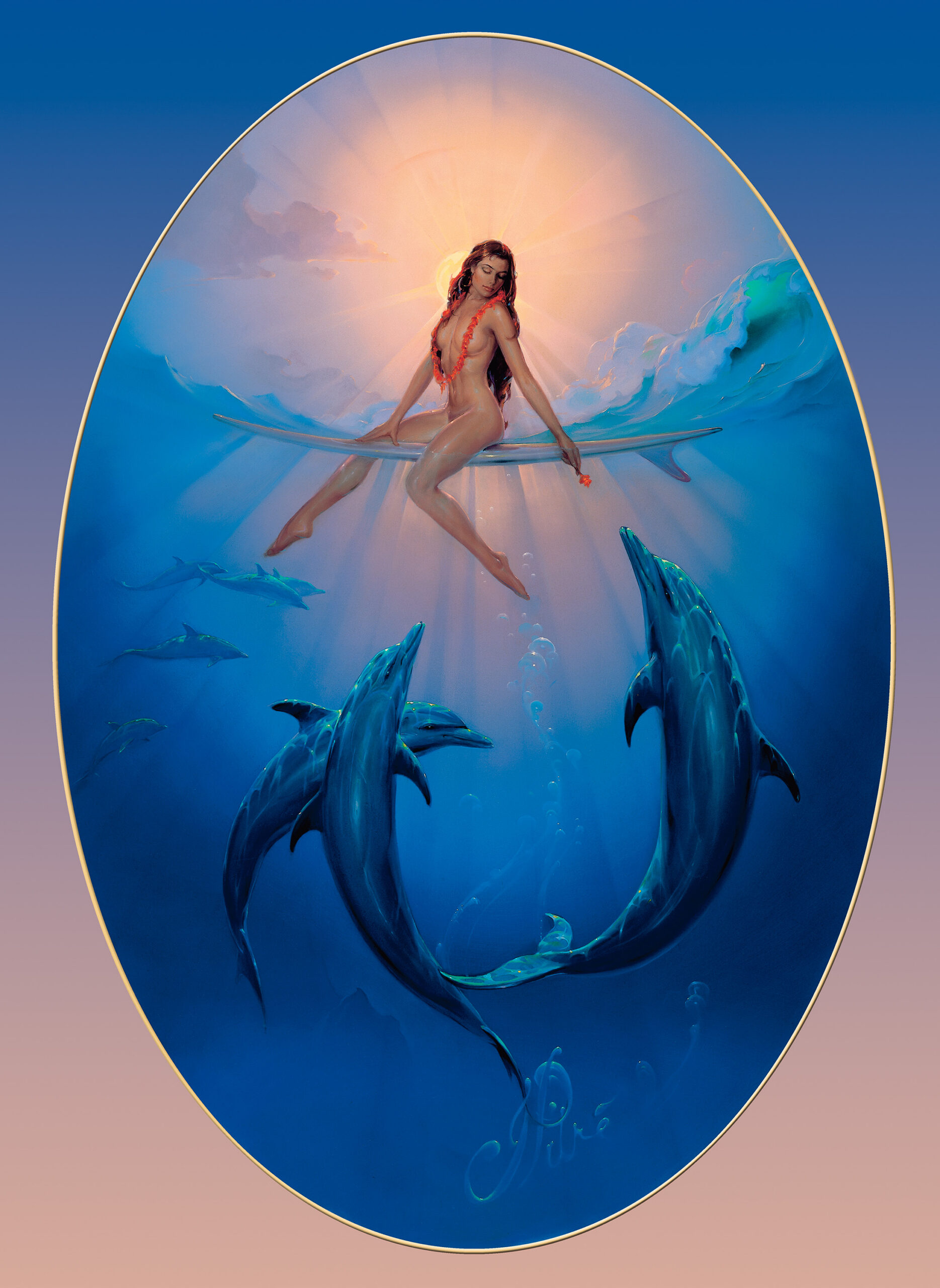 John Pitre Ocean Fantasy painting featuring female figure seated on surfboard above dolphins in luminous underwater scene, tropical ocean artwork with sun rays, marine life, and surreal coastal symbolism in visionary fine art style
