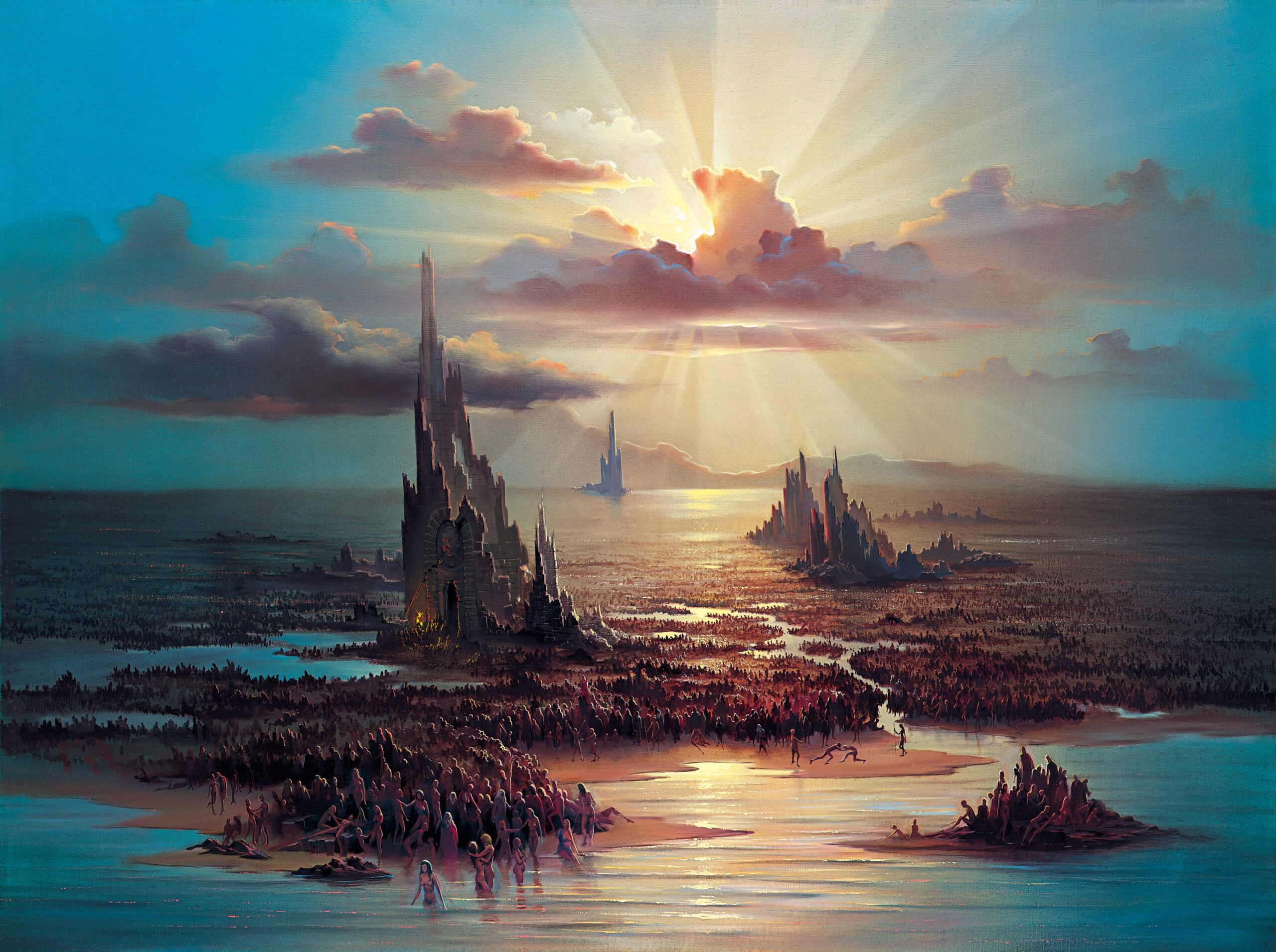 John Pitre Overpopulation painting depicting vast crowds across futuristic landscape with towering city structures and radiant sky, surreal dystopian artwork illustrating human expansion, environmental strain, and societal density in visionary fine art style