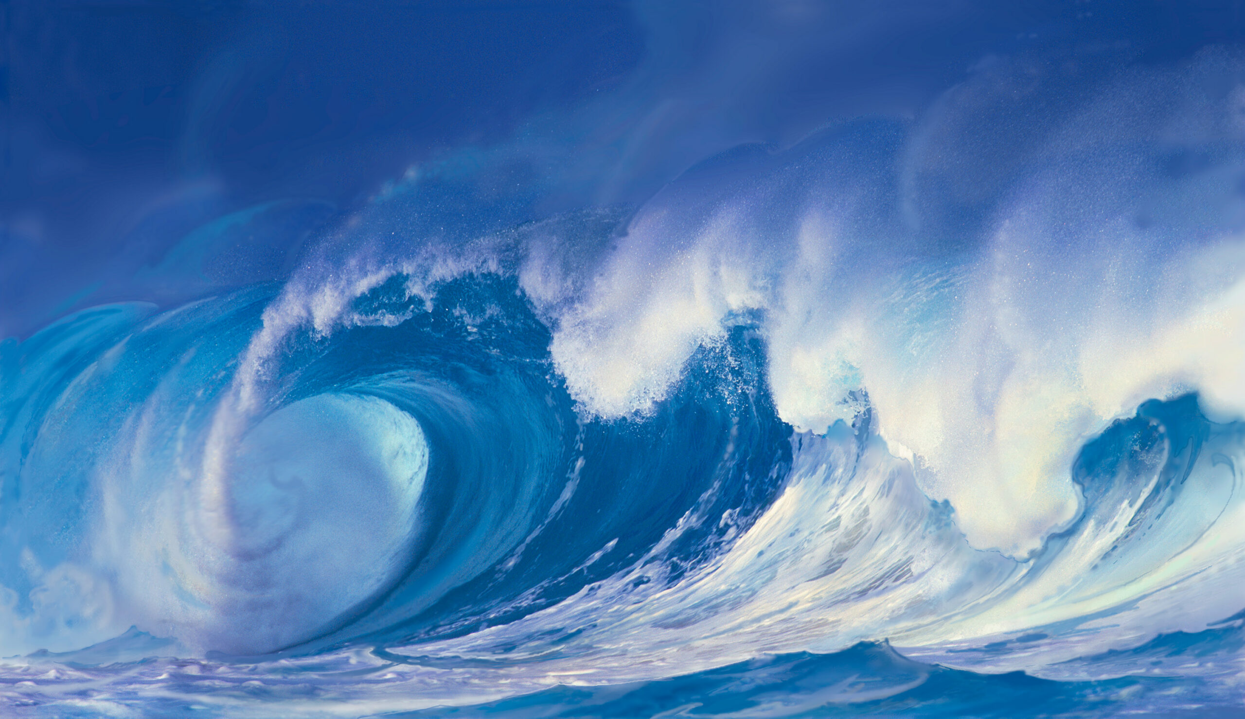 John Pitre Pipeline Closeout painting featuring powerful curling ocean wave with luminous blue tones and crashing surf, hyper-realistic seascape artwork capturing motion, energy, and coastal intensity in contemporary fine art