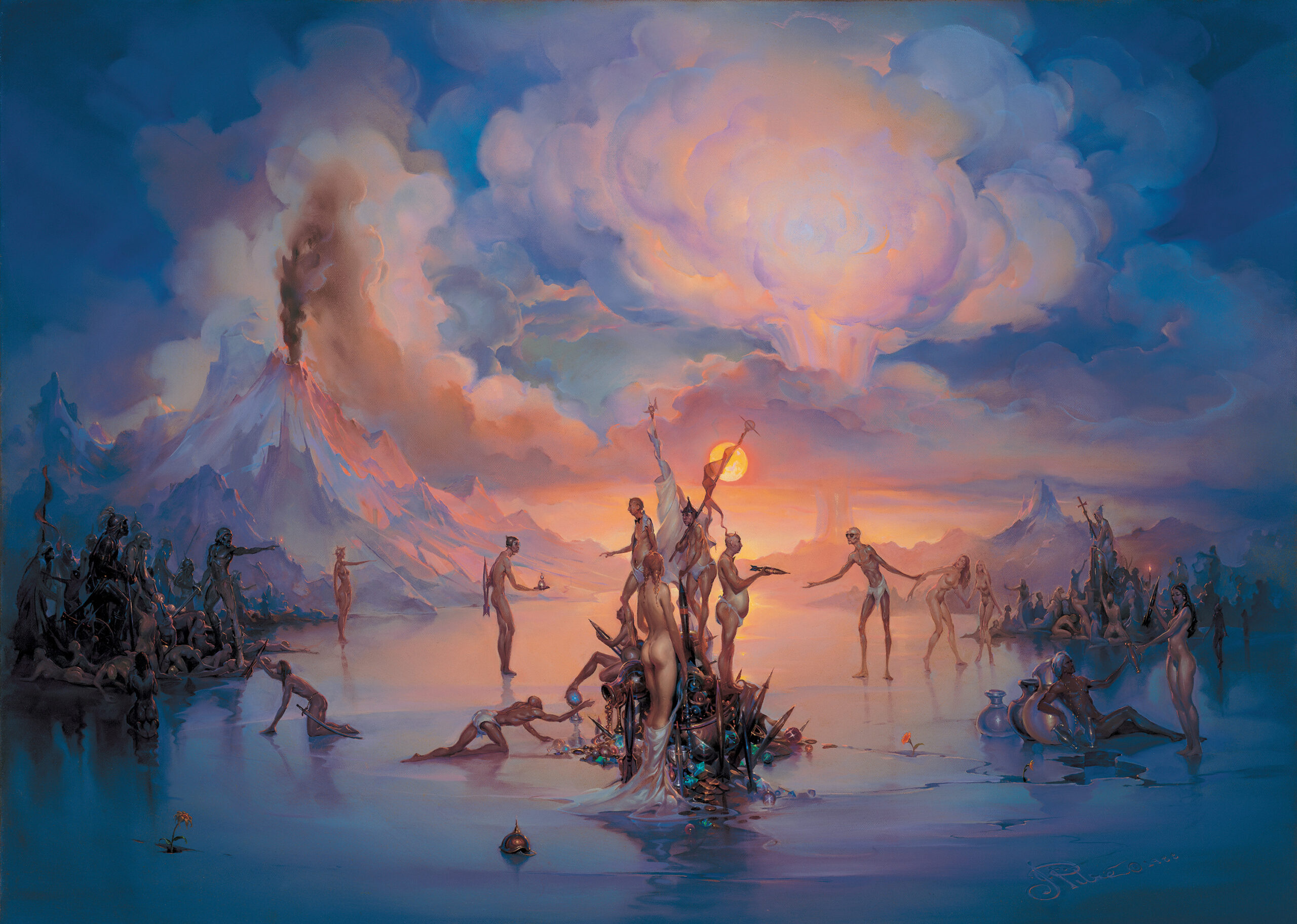 John Pitre Politics painting depicting surreal figures gathered on symbolic platform amid erupting volcano and nuclear explosion cloud, visionary fine art illustrating power, conflict, and human influence through dramatic dystopian landscape and atmospheric sky