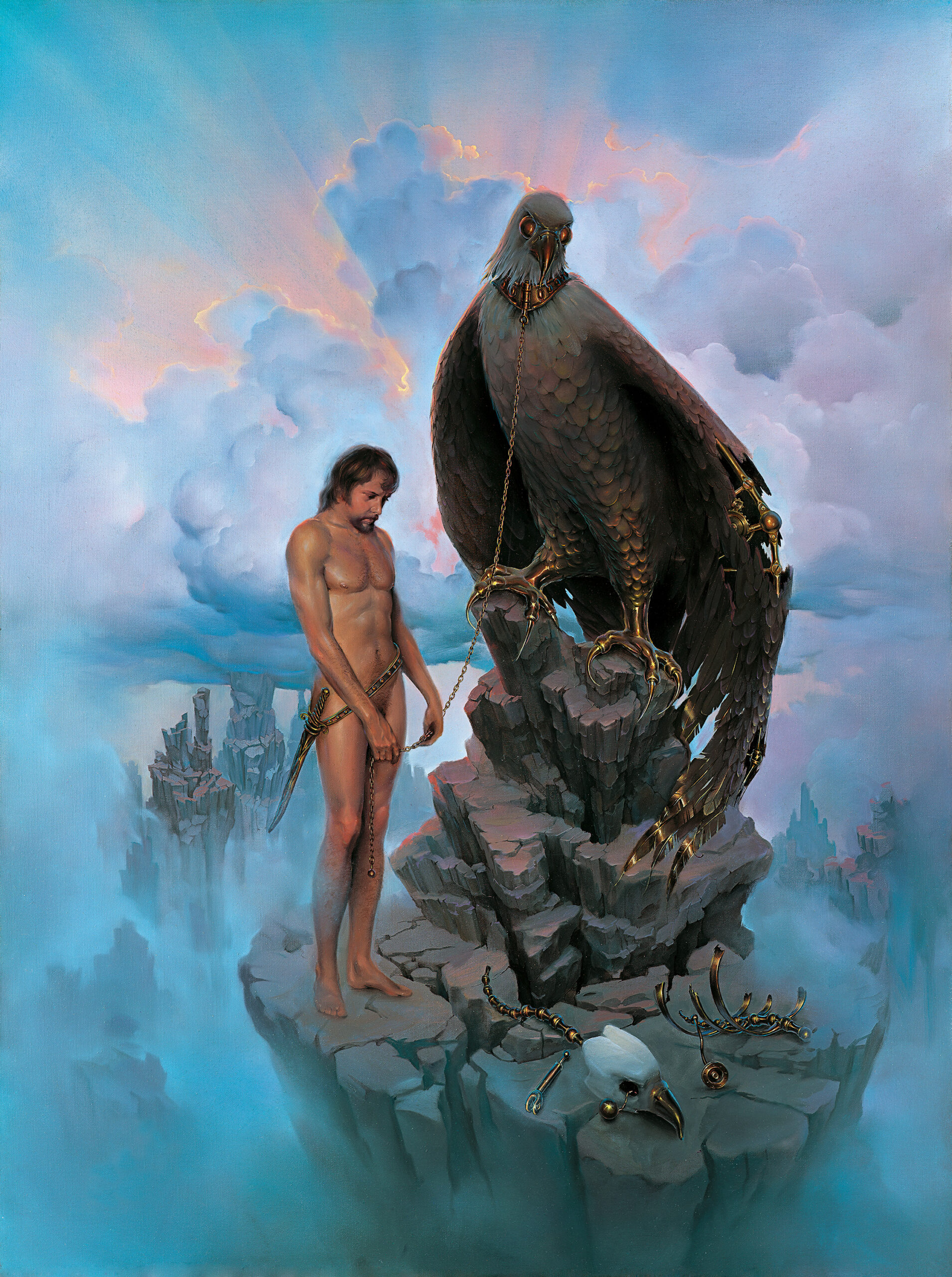 John Pitre Pondering Mortality surreal painting of nude male figure chained beside giant bird on rocky pedestal, symbolic mortality, life and death, existential fine art