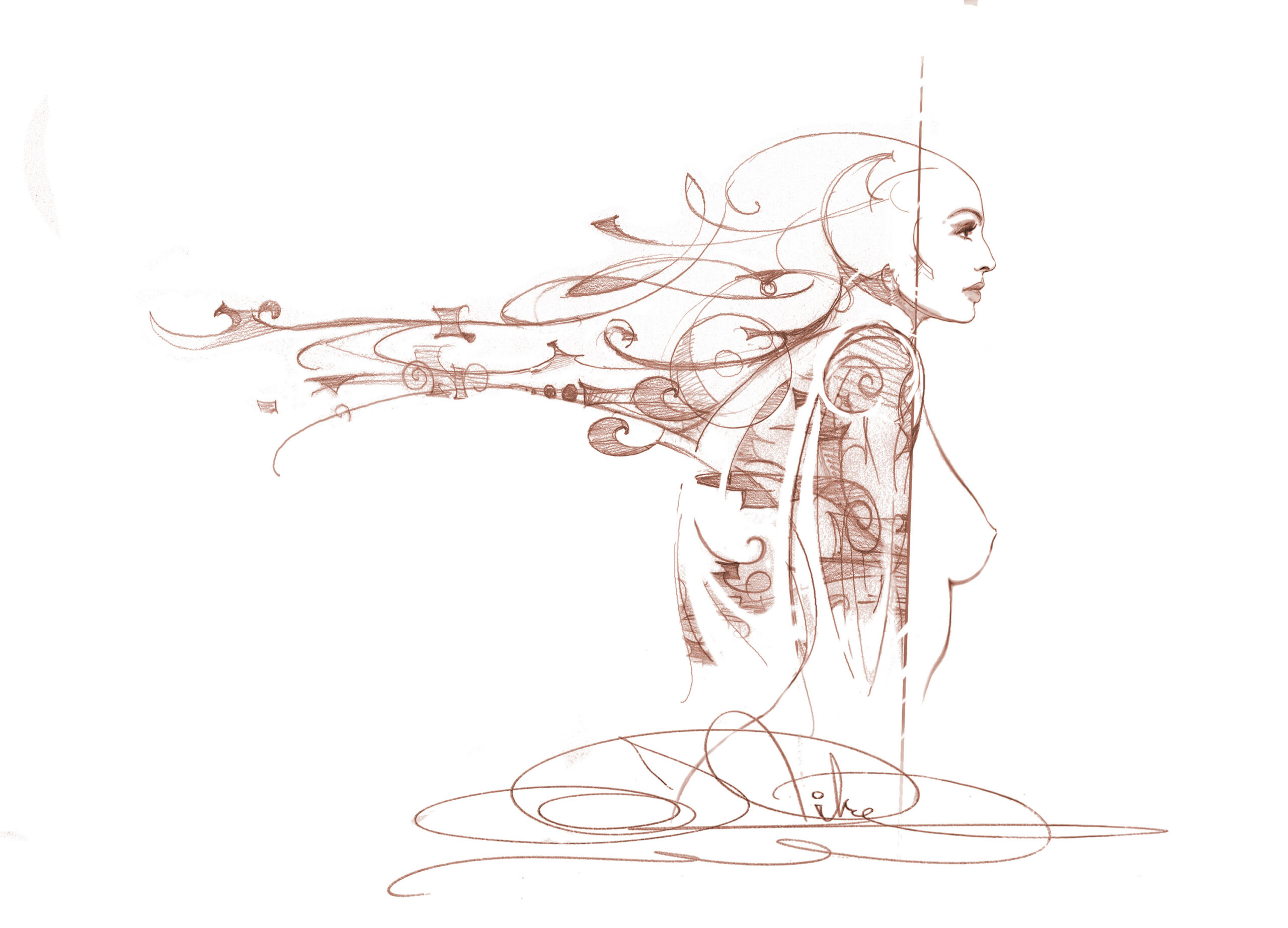 John Pitre Primadonna surreal line drawing of female figure with flowing abstract lines and symbolic patterns, elegant feminine portrait, modern fine art illustration