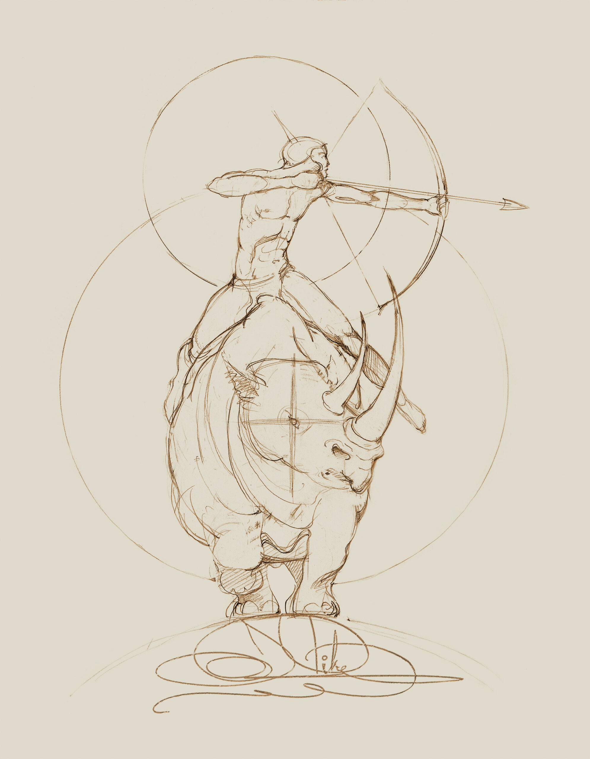 John Pitre Protector of Species sketch of centaur archer drawing bow atop rhinoceros, symbolic surreal line drawing representing protection, strength, and nature conservation