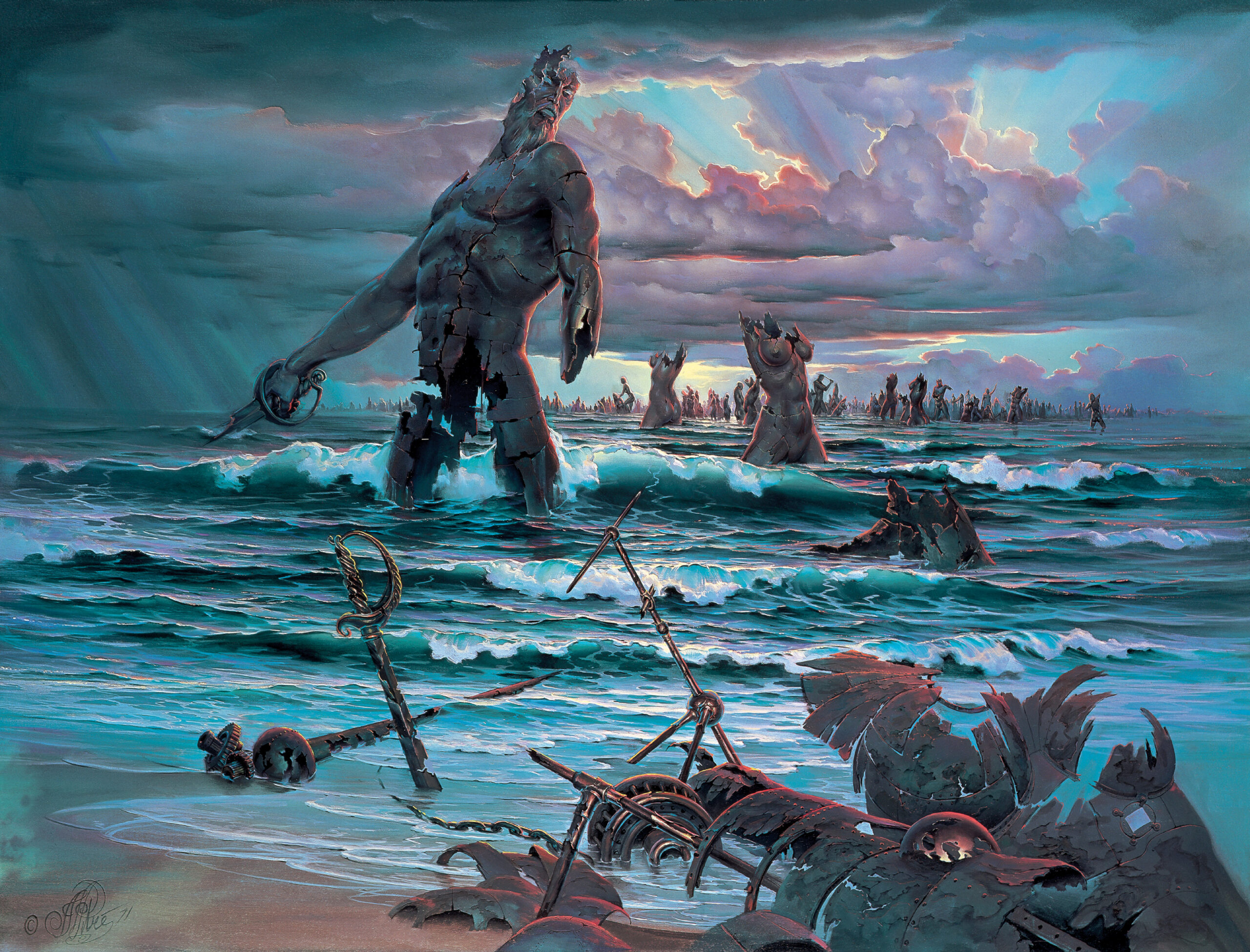 Abstract composition representing the collapse of power and influence with layered symbolism in John Pitre Remnants of Power artwork, surreal fine art reflecting control and transformation