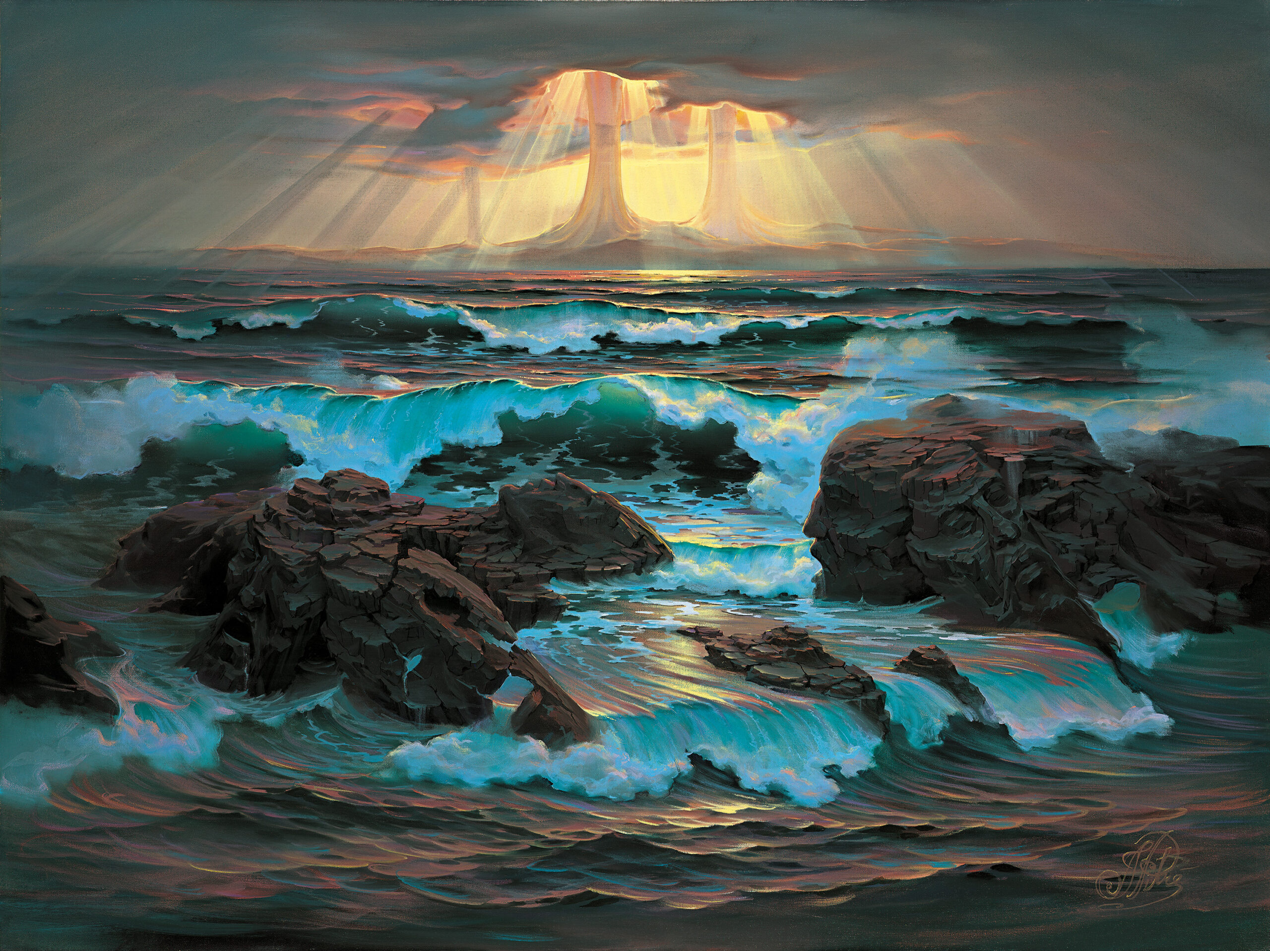 Retribution by John Pitre featuring a dramatic seascape with powerful waves crashing against rugged rocks as radiant light breaks through storm clouds above the ocean, symbolizing justice, consequence, and a moment of divine reckoning