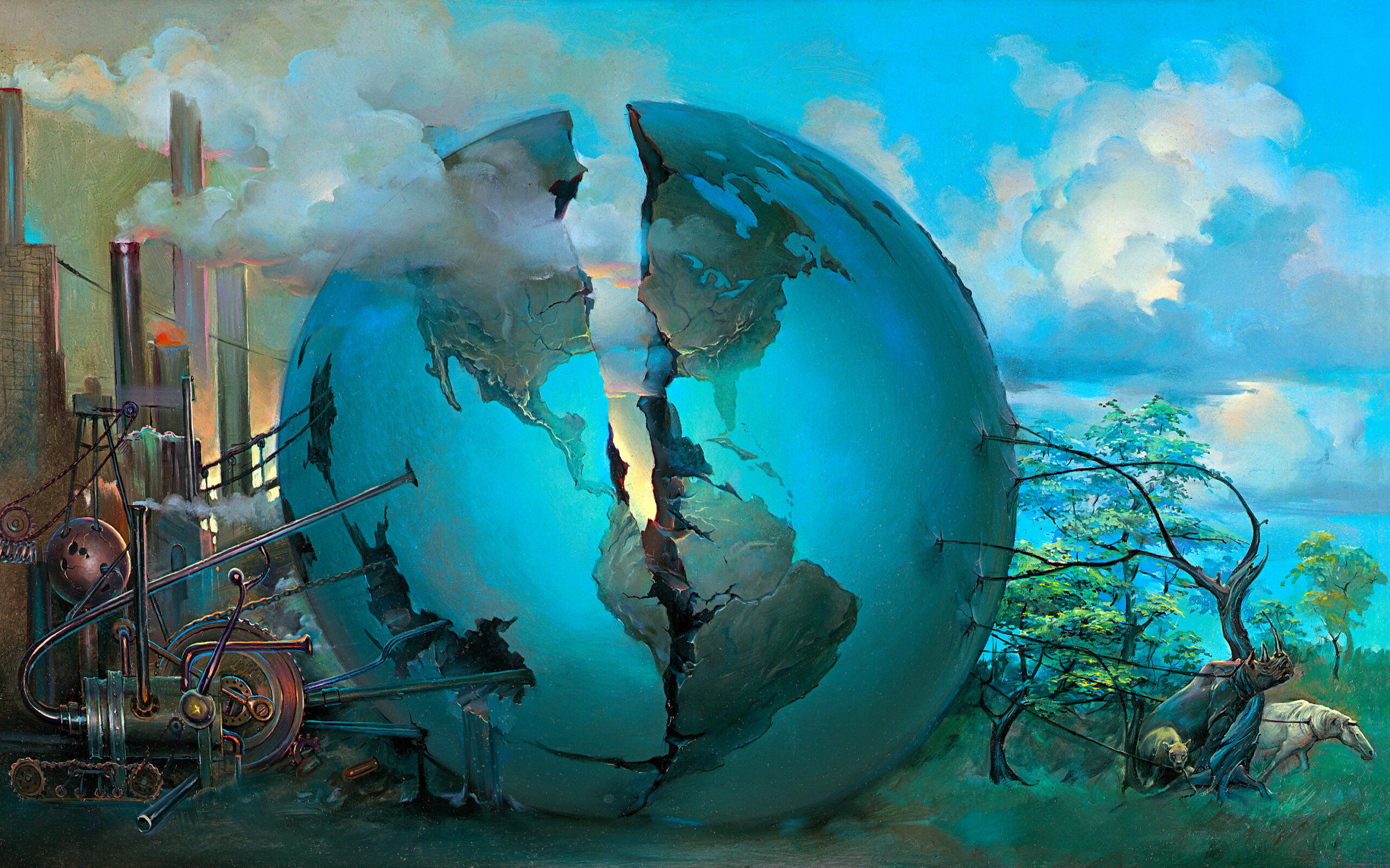 Split World by John Pitre featuring a fractured Earth divided between industrial machinery and natural landscape, symbolizing duality, environmental tension, and the balance between progress and nature
