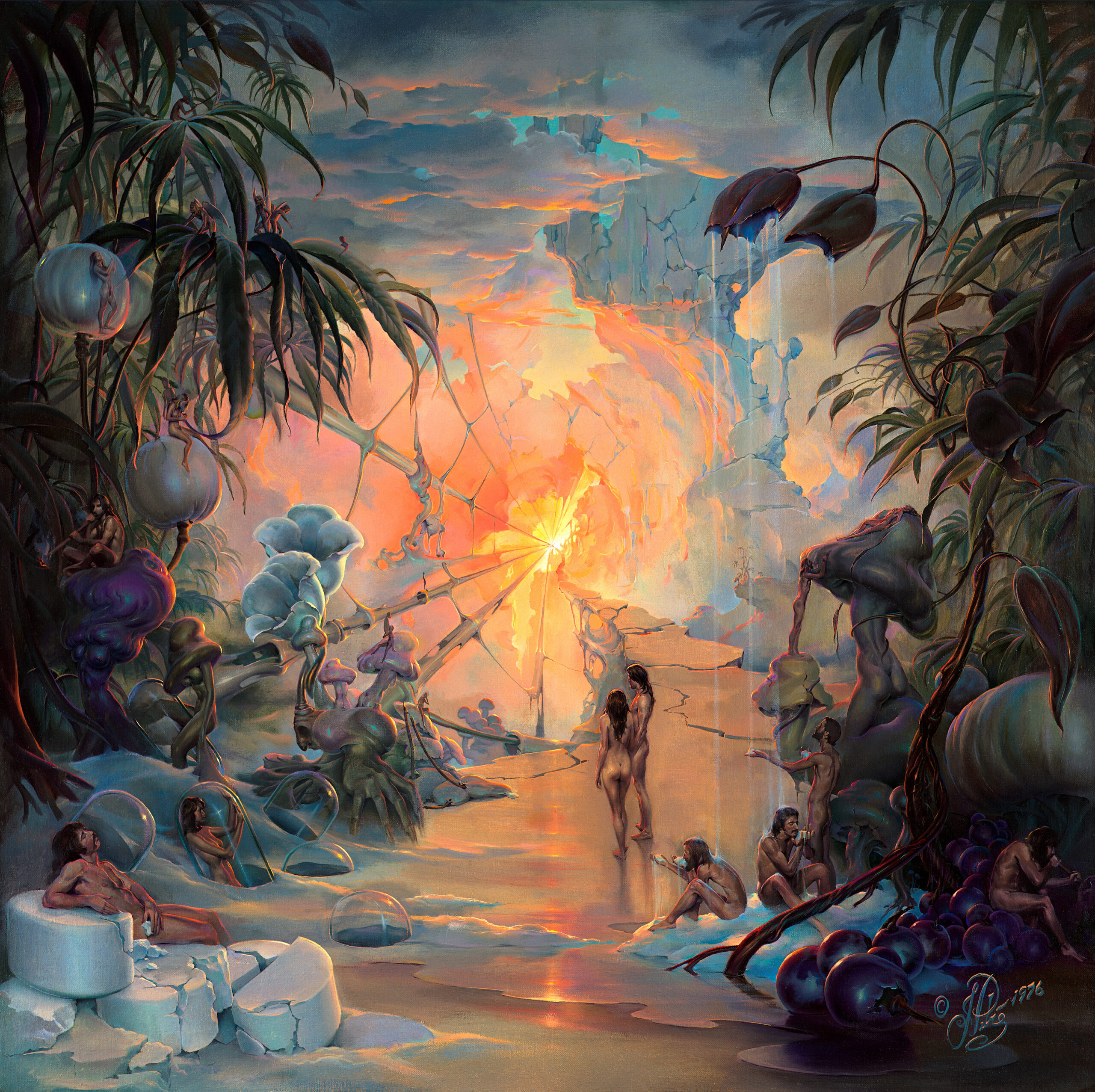 John Pitre Temptations surreal artwork featuring a luminous Eden-like landscape with human figures, symbolic fruit, flowing water, and radiant light, exploring themes of desire, temptation, and human nature in visionary fine art