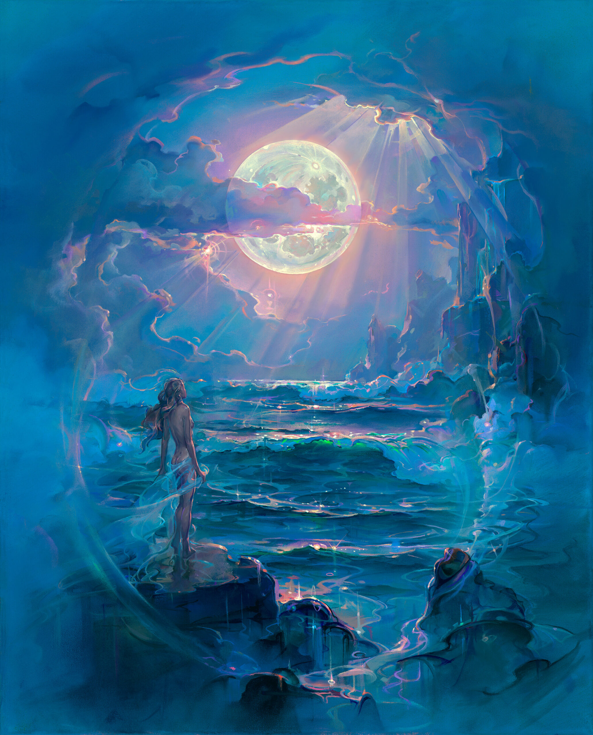 John Pitre Through a Moonlit Dream surreal ocean scene with female figure standing on shore beneath glowing full moon and luminous clouds, visionary fine art exploring stillness reflection and imagination