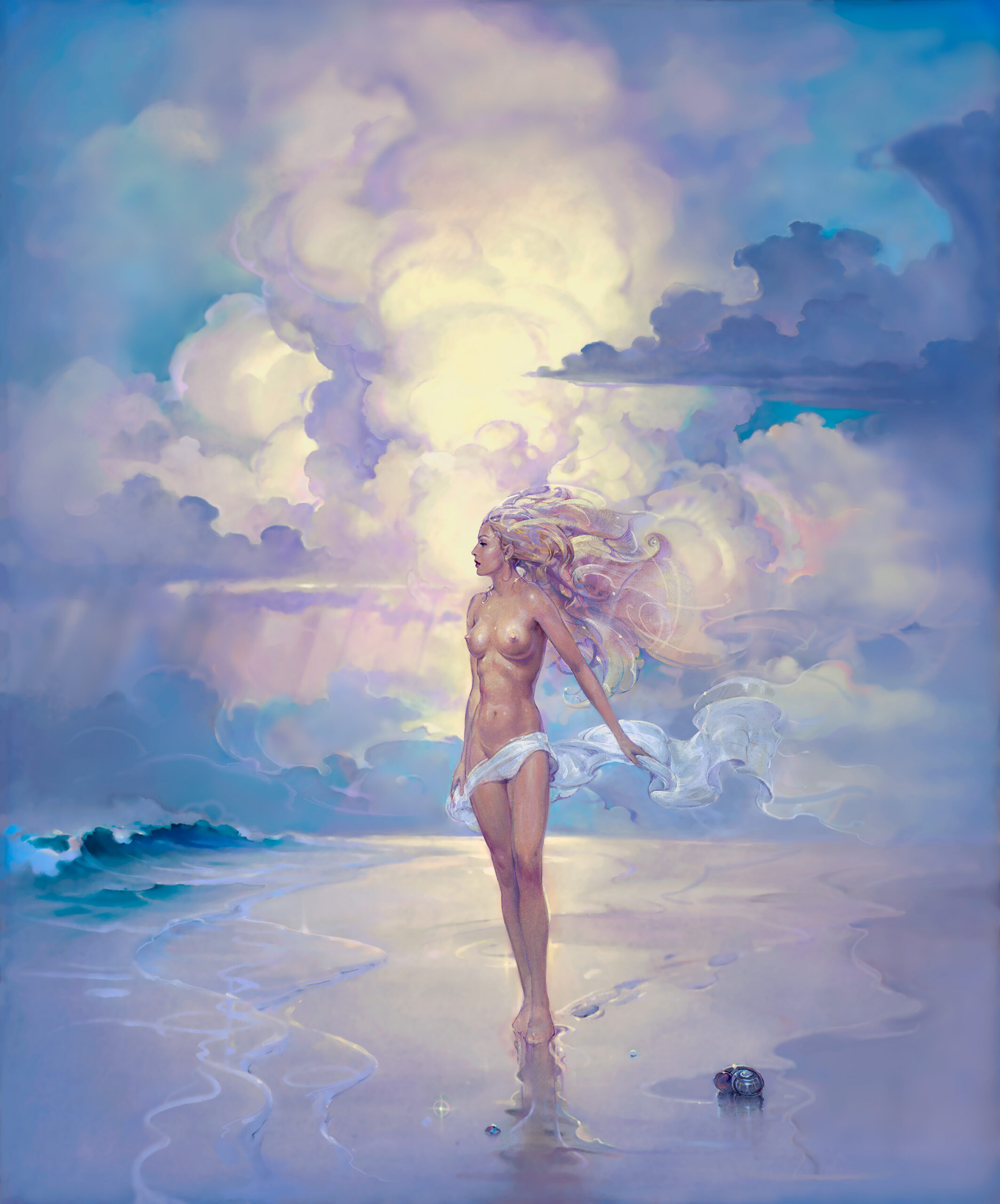 John Pitre Trade Winds surreal coastal painting with female figure walking along shoreline under glowing clouds and sunlight, ocean waves and flowing wind, visionary fine art exploring freedom movement and coastal serenity