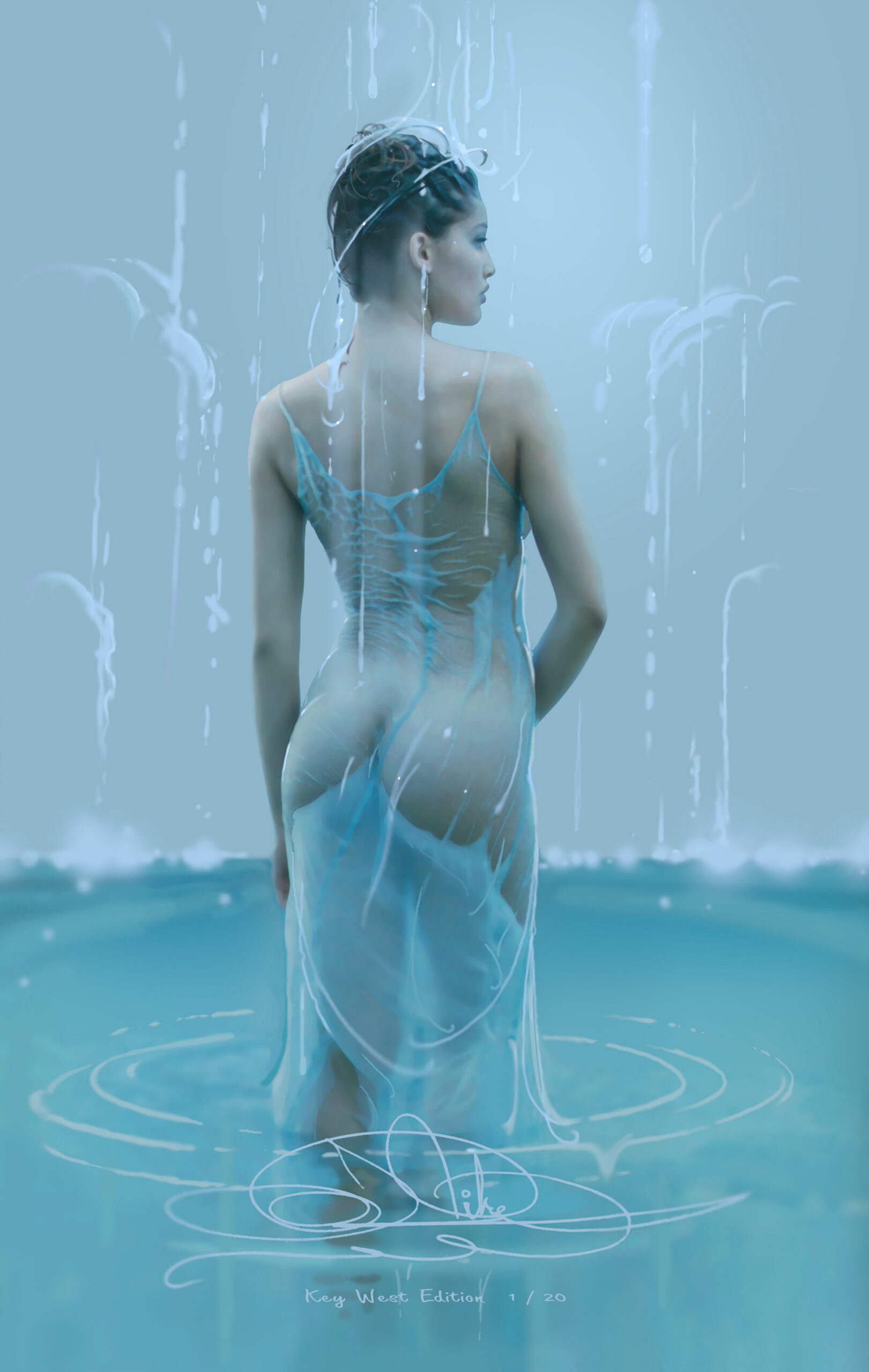 Tranquility by John Pitre featuring a serene female figure standing in water with translucent flowing fabric, surrounded by soft light and reflections, symbolizing stillness, introspection, and emotional calm