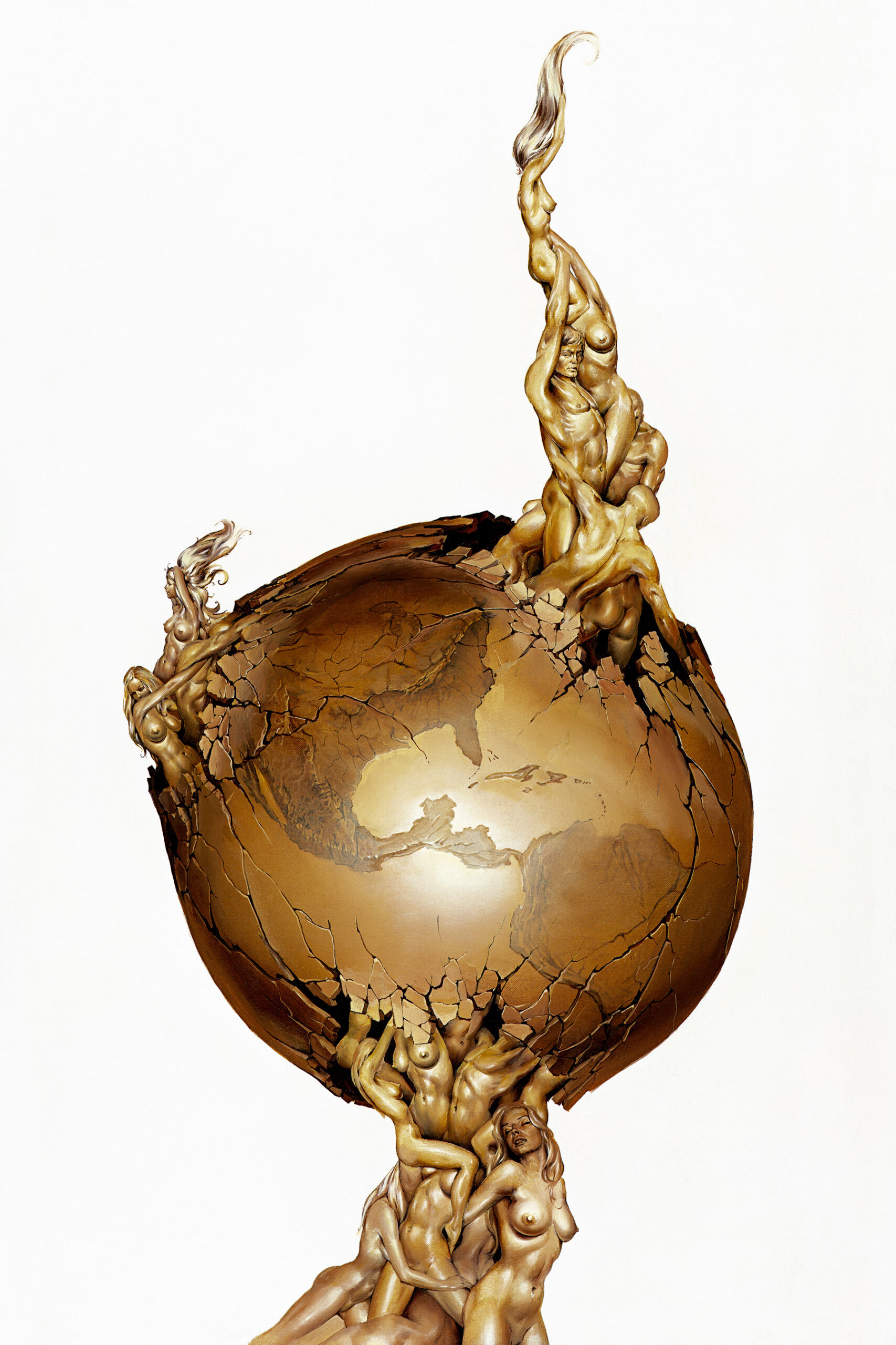 John Pitre Transgressions surreal artwork featuring cracked Earth globe with golden human figures emerging and climbing, symbolic fine art exploring morality, consequence, human behavior and global impact