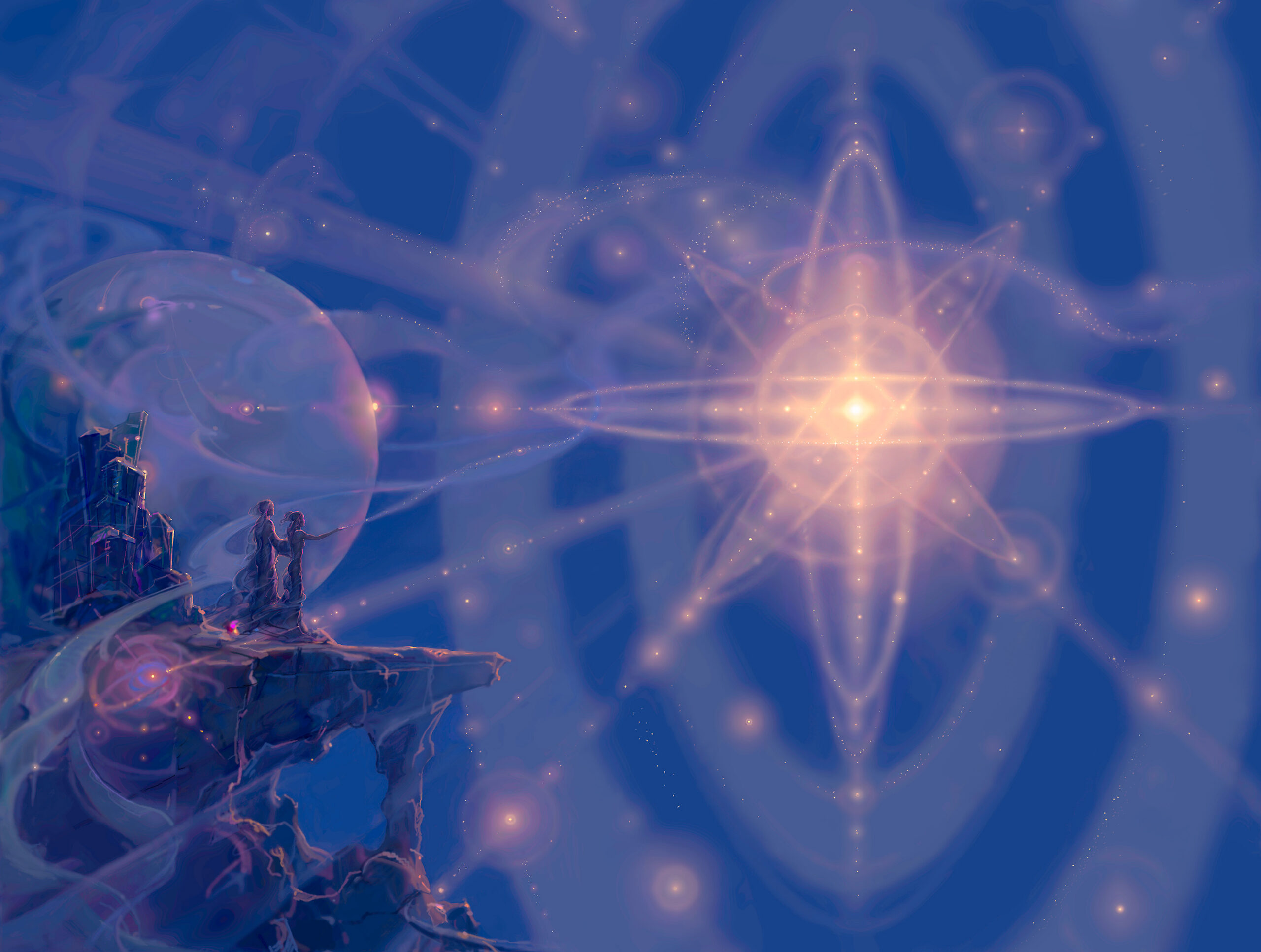 John Pitre Trinity surreal cosmic artwork with radiant starburst light and sacred geometry, two figures standing on cliff overlooking infinite space, visionary fine art exploring eternity unity and divine source