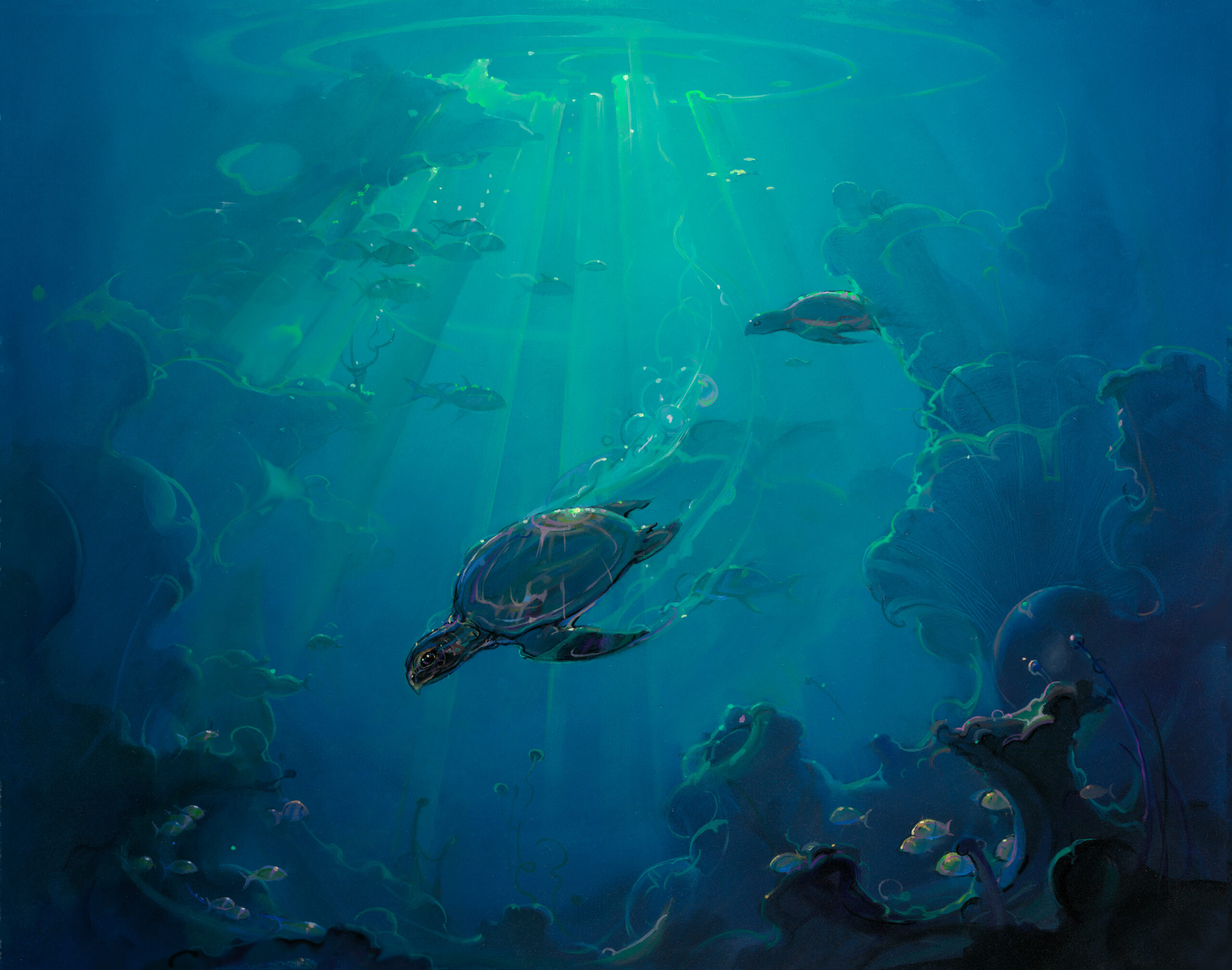 John Pitre Turtle Canyon surreal underwater scene with sea turtles gliding through ocean canyon, sun rays filtering through water, marine life and coral formations, visionary fine art exploring tranquility and ocean depth