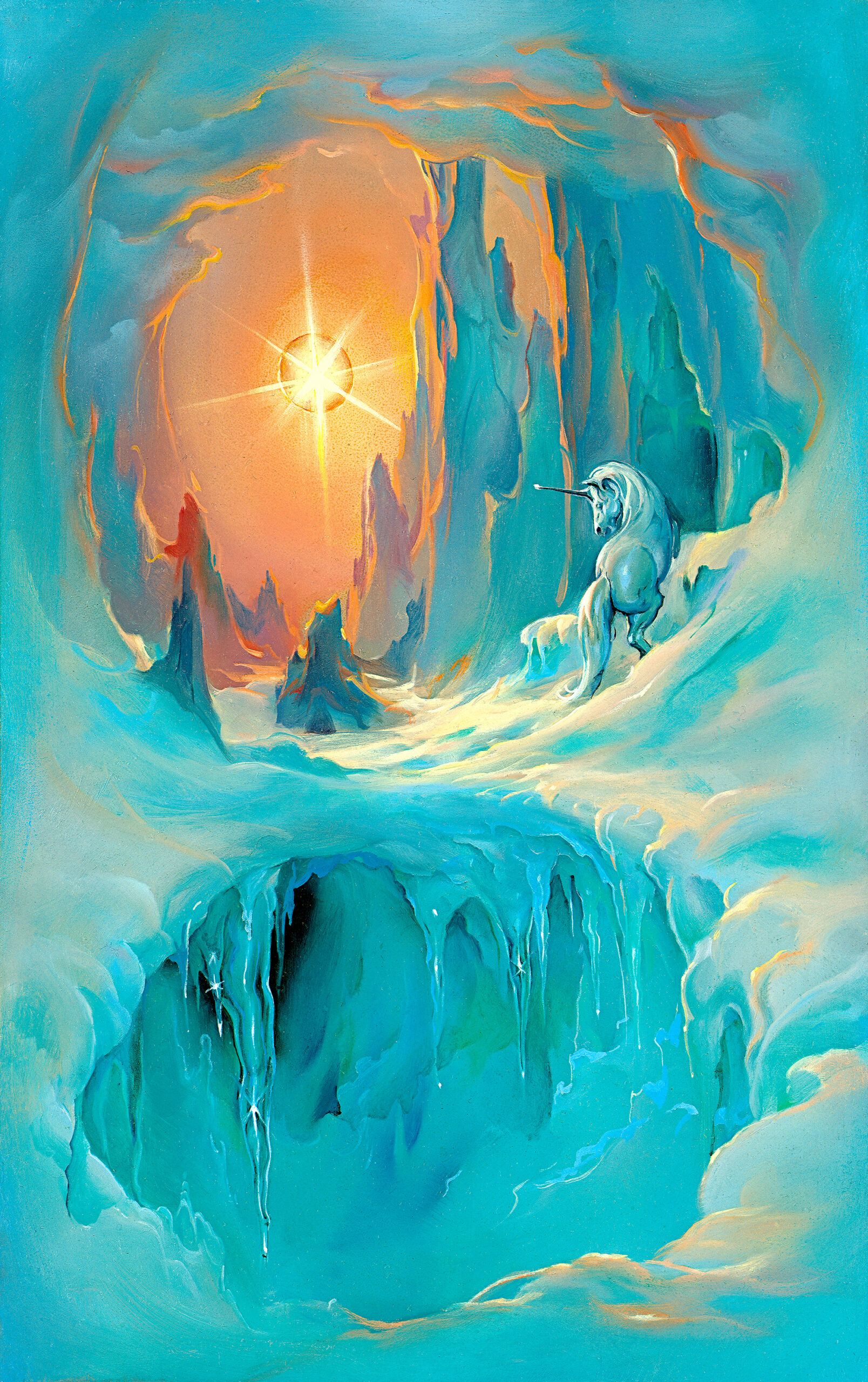 The Last Unicorn by John Pitre featuring a solitary unicorn standing on icy cliffs beneath a radiant sun in a surreal frozen landscape, symbolizing purity, isolation, and transcendence