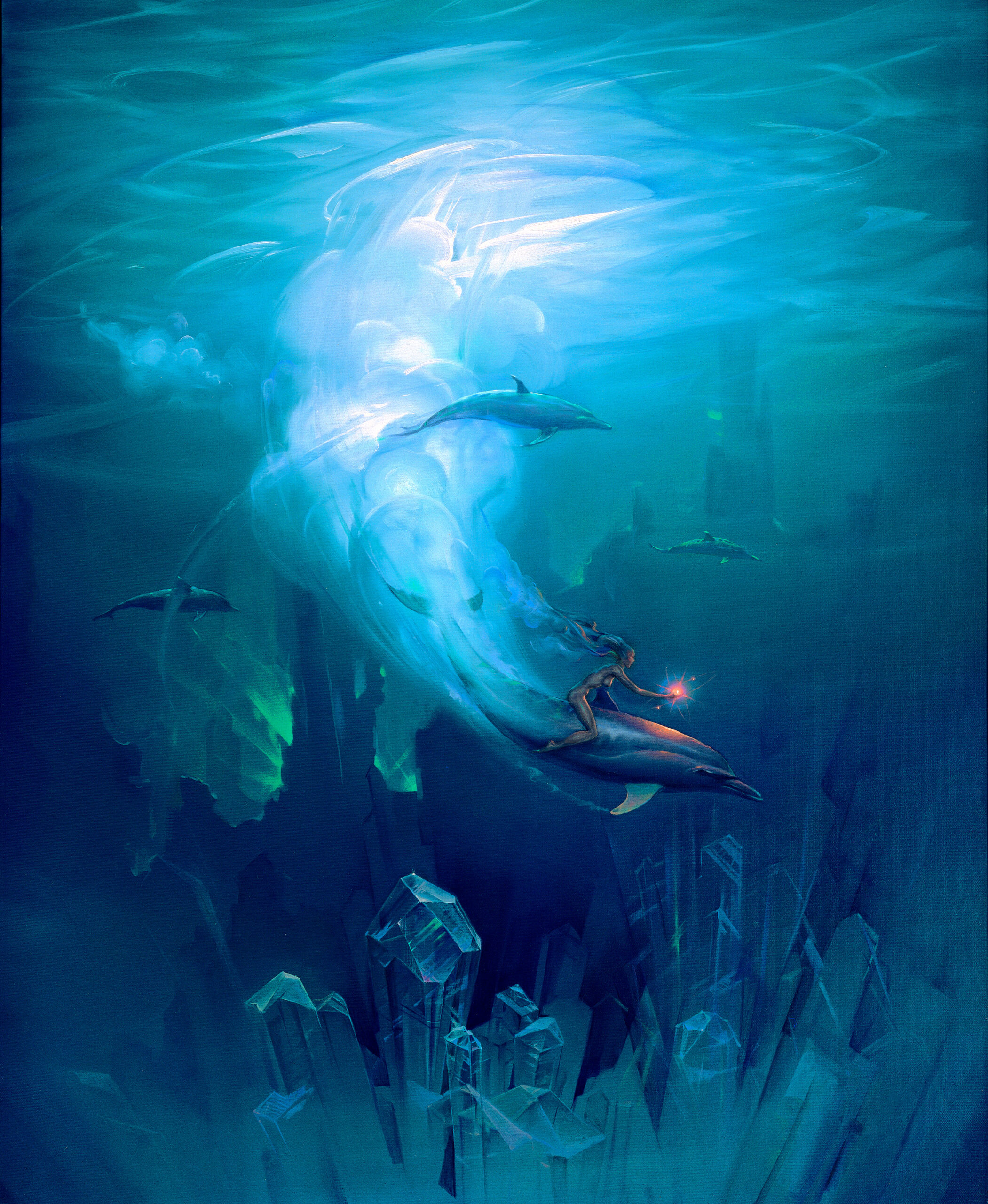 Unity by John Pitre featuring human figure riding dolphin in surreal underwater scene with glowing light currents and crystal formations, ocean fantasy fine art