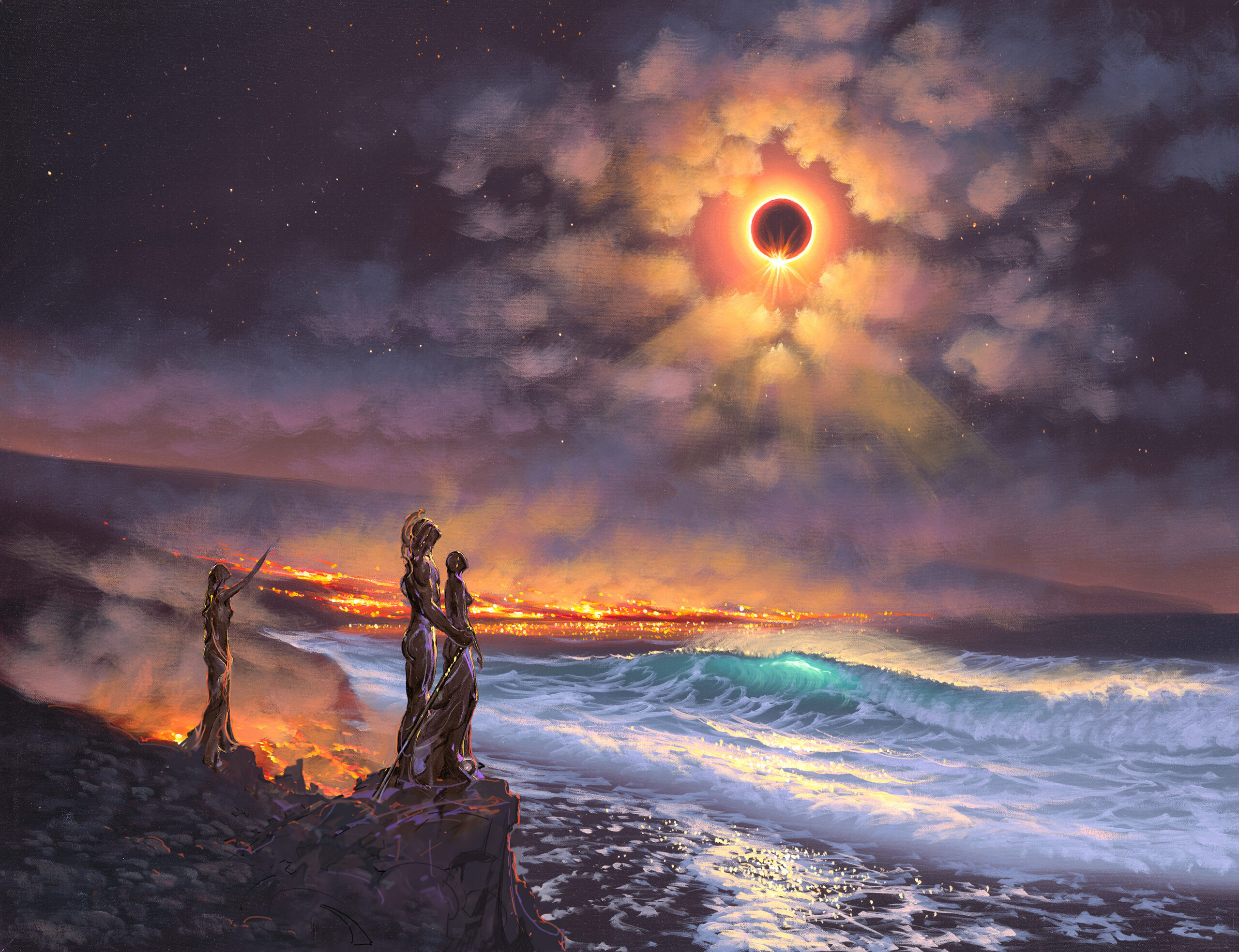 John Pitre Veil of the Gods painting with eclipse sky over ocean, figures standing on rocky shoreline, luminous waves and symbolic journey toward light and higher consciousness