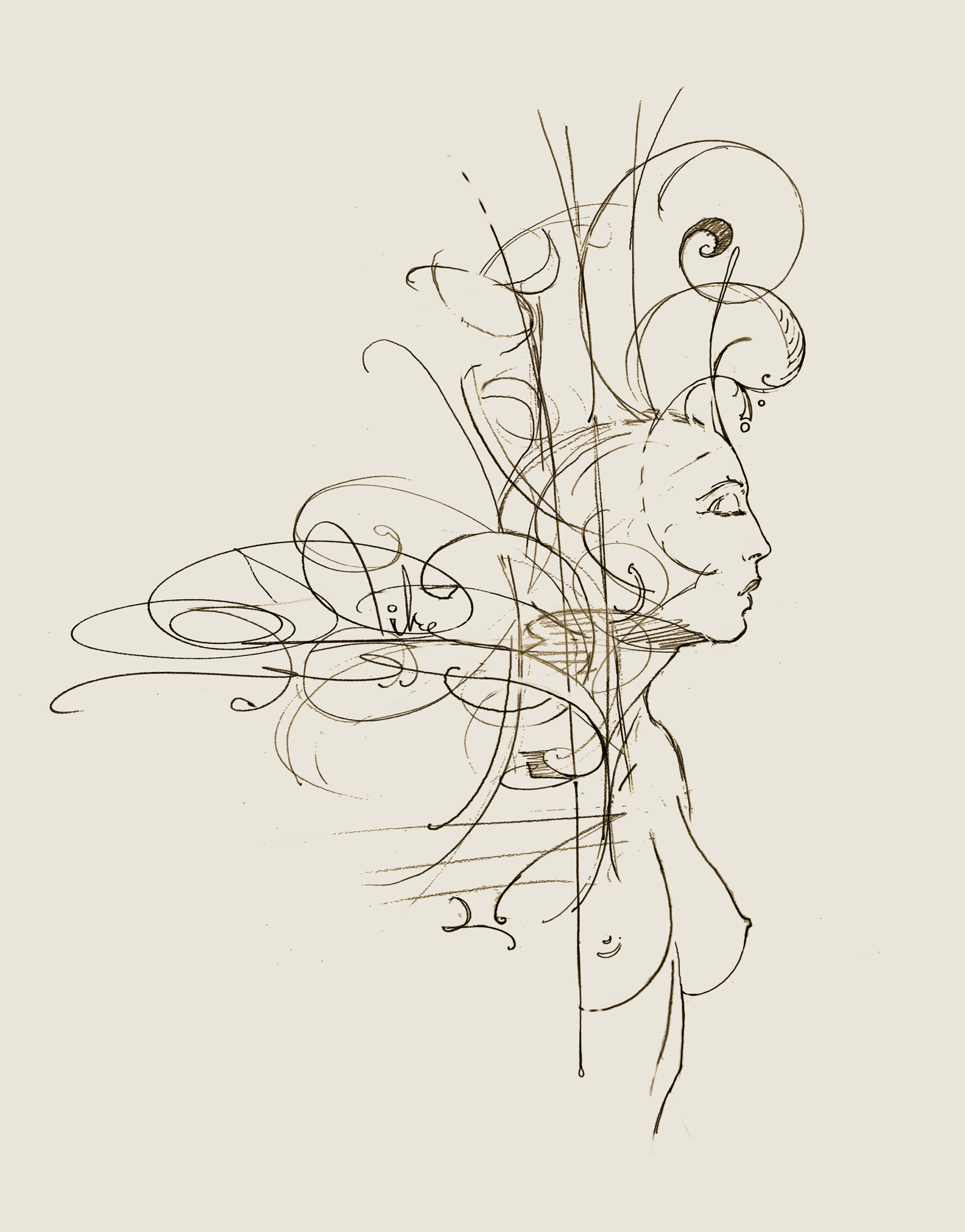 John Pitre Empress artwork featuring feminine profile with flowing abstract lines, surreal sepia drawing symbolizing inner power, transformation, intellect, and spiritual evolution