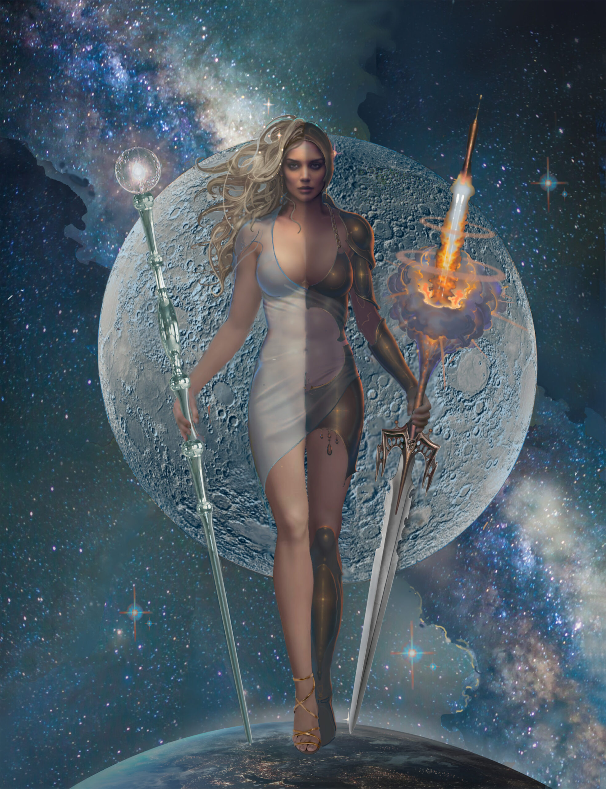 John Pitre The Light and Dark Side of Man surreal cosmic guardian with split human and machine form holding staff and flaming sword before moon, visionary artwork exploring duality balance and human nature