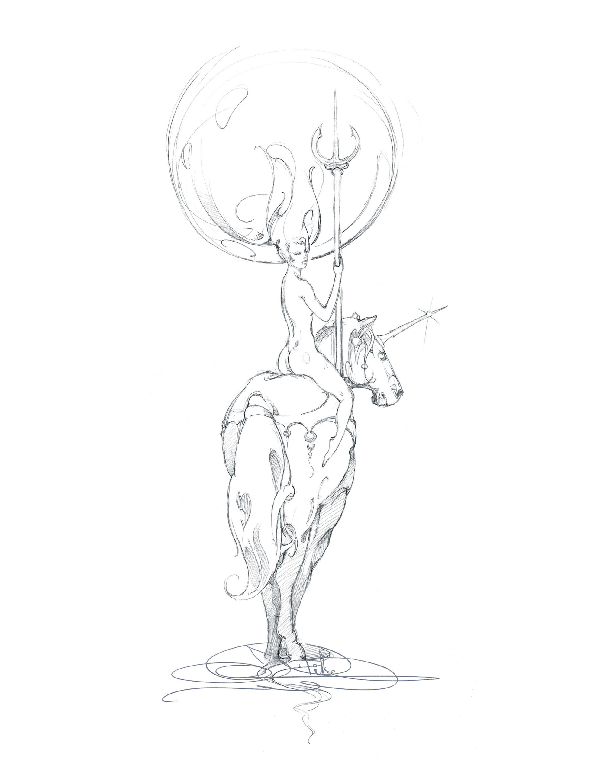 Unicorns and Queens by John Pitre pencil sketch featuring nude female figure riding unicorn with trident and celestial sphere, surreal mythology concept drawing