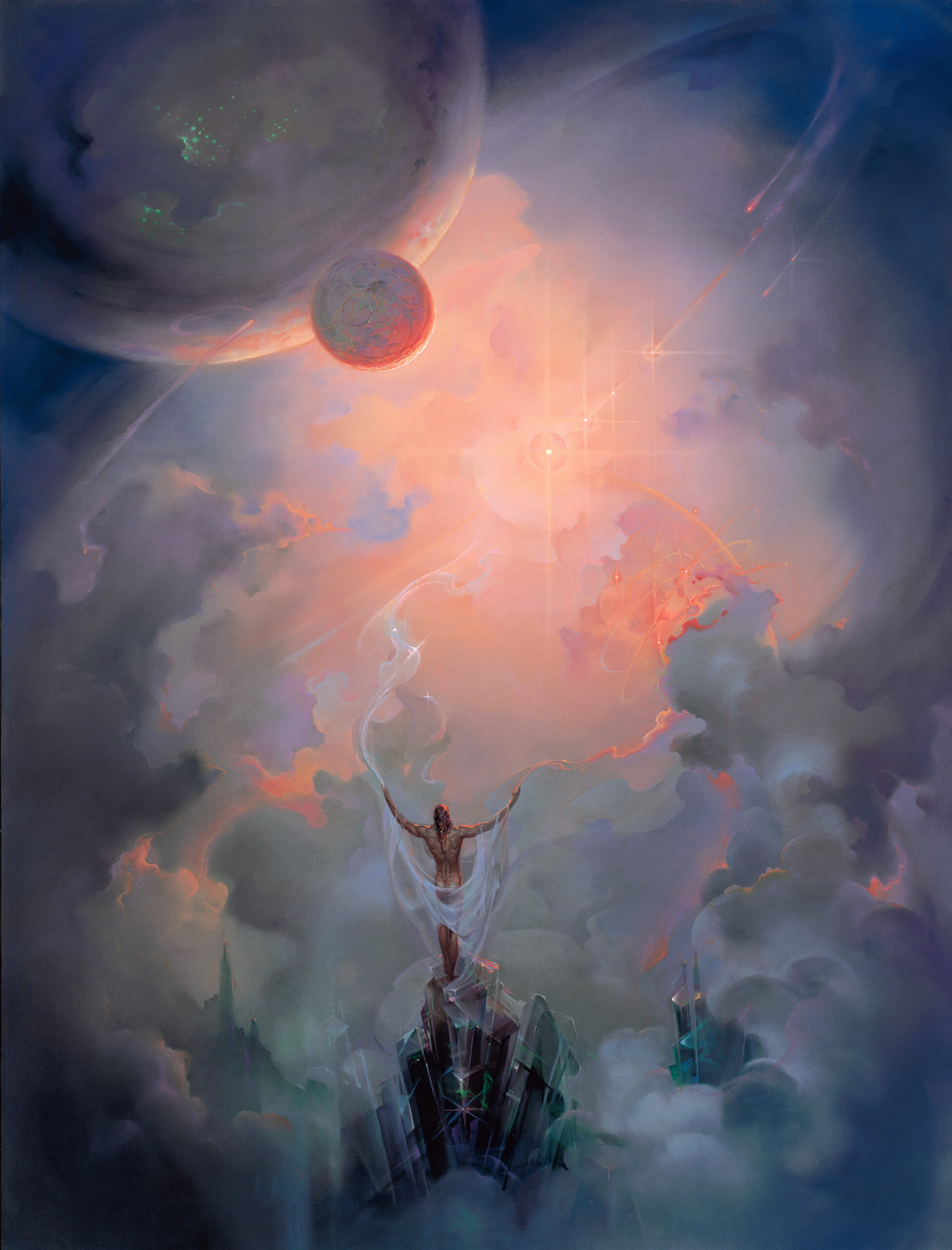 John Pitre In Contemplation of the Universe painting in elegant living room setting, surreal cosmic scene with human figure and celestial light, fine art wall display mockup