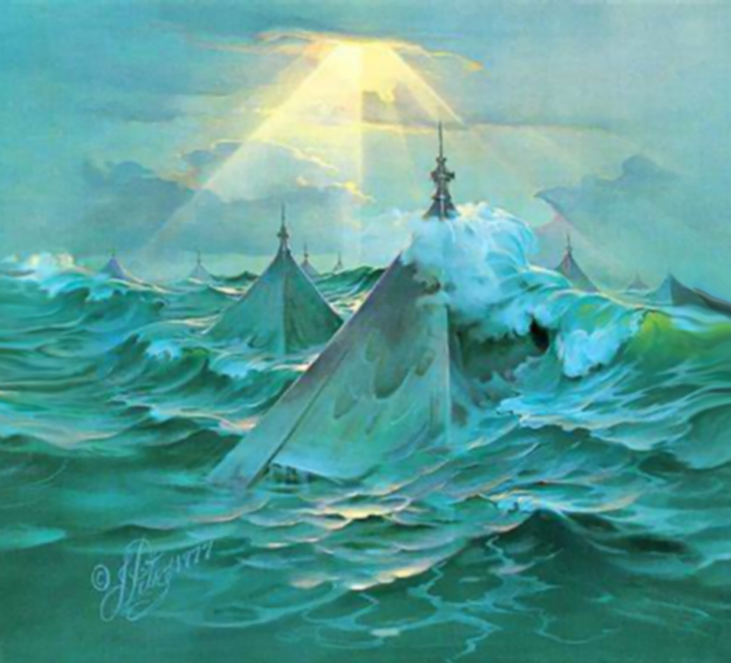 John Pitre Energy Pyramid Invention 1977 artwork featuring ocean waves forming pyramid structures under radiant light, surreal seascape symbolizing energy, innovation, and visionary technology
