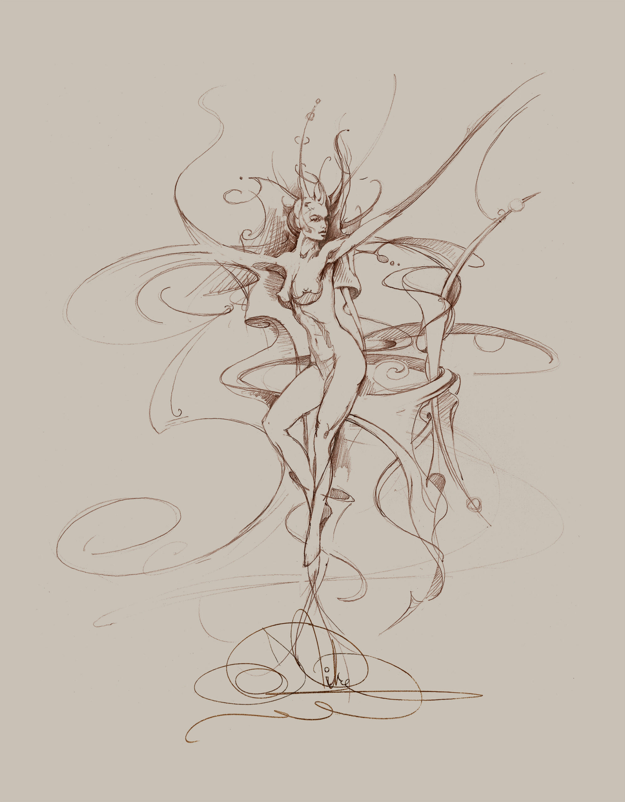 John Pitre Exotic Nights drawing featuring elegant feminine figure in flowing sepia linework, surreal sensual sketch symbolizing beauty, movement, passion, and artistic expression