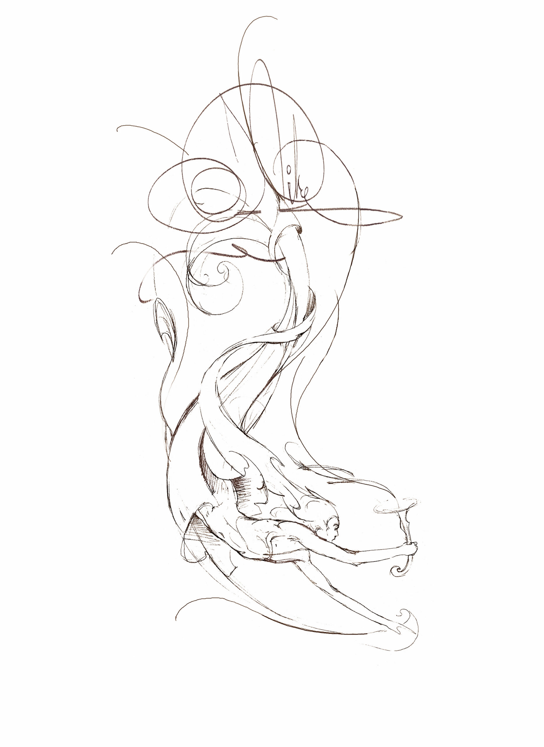 John Pitre Messenger of Light surreal ink drawing featuring abstract human figure formed with flowing linework and minimal sepia tones, expressive sketch symbolizing spiritual illumination, energy, and transformation