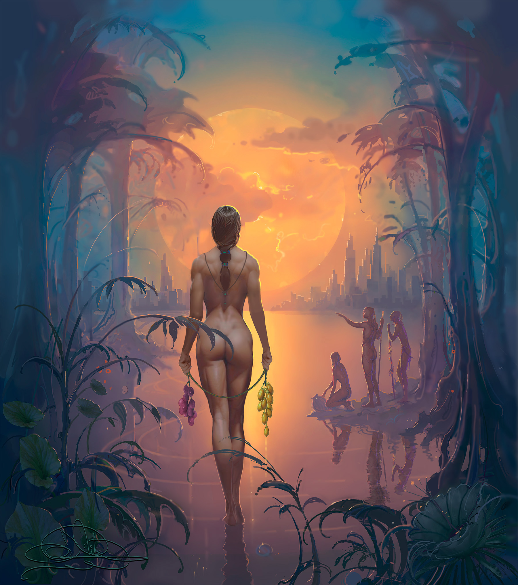 John Pitre Leaving Eden painting featuring nude female figure walking from lush jungle toward glowing sun and distant futuristic city, holding fruit and symbolizing departure from paradise, human awakening, and transition to civilization