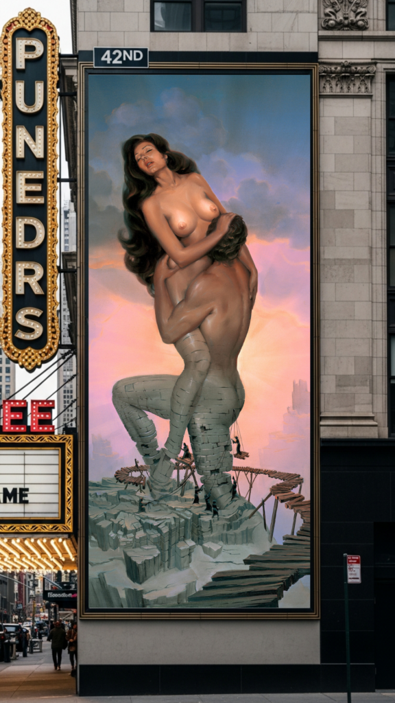 John Pitre Passion artwork displayed on a large billboard on 42nd Street in New York City, featuring a surreal nude female figure embraced by a sculpted male form rising from stone ruins, symbolizing desire, strength, and human connection.