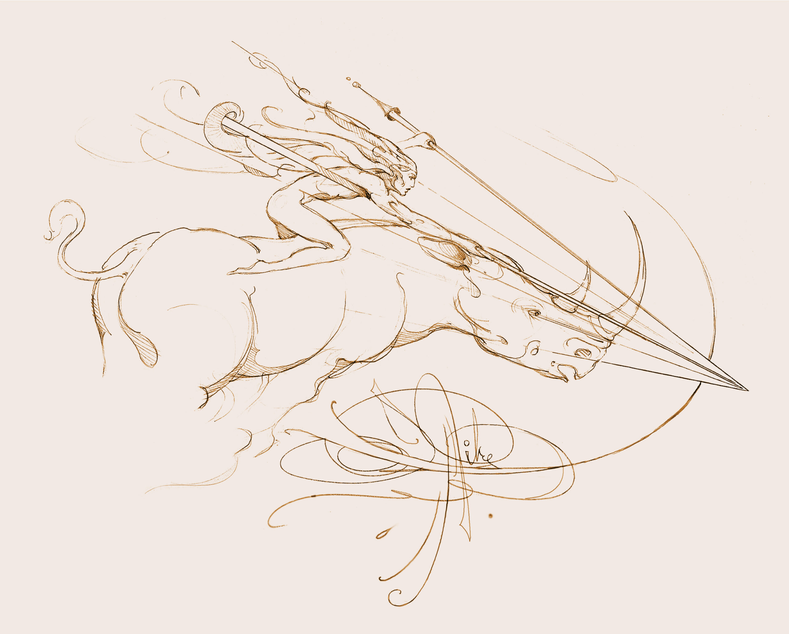 Vanishing Point by John Pitre pencil sketch of rider merging with charging beast, dynamic motion lines, surreal mythology drawing focused on speed, precision and direction