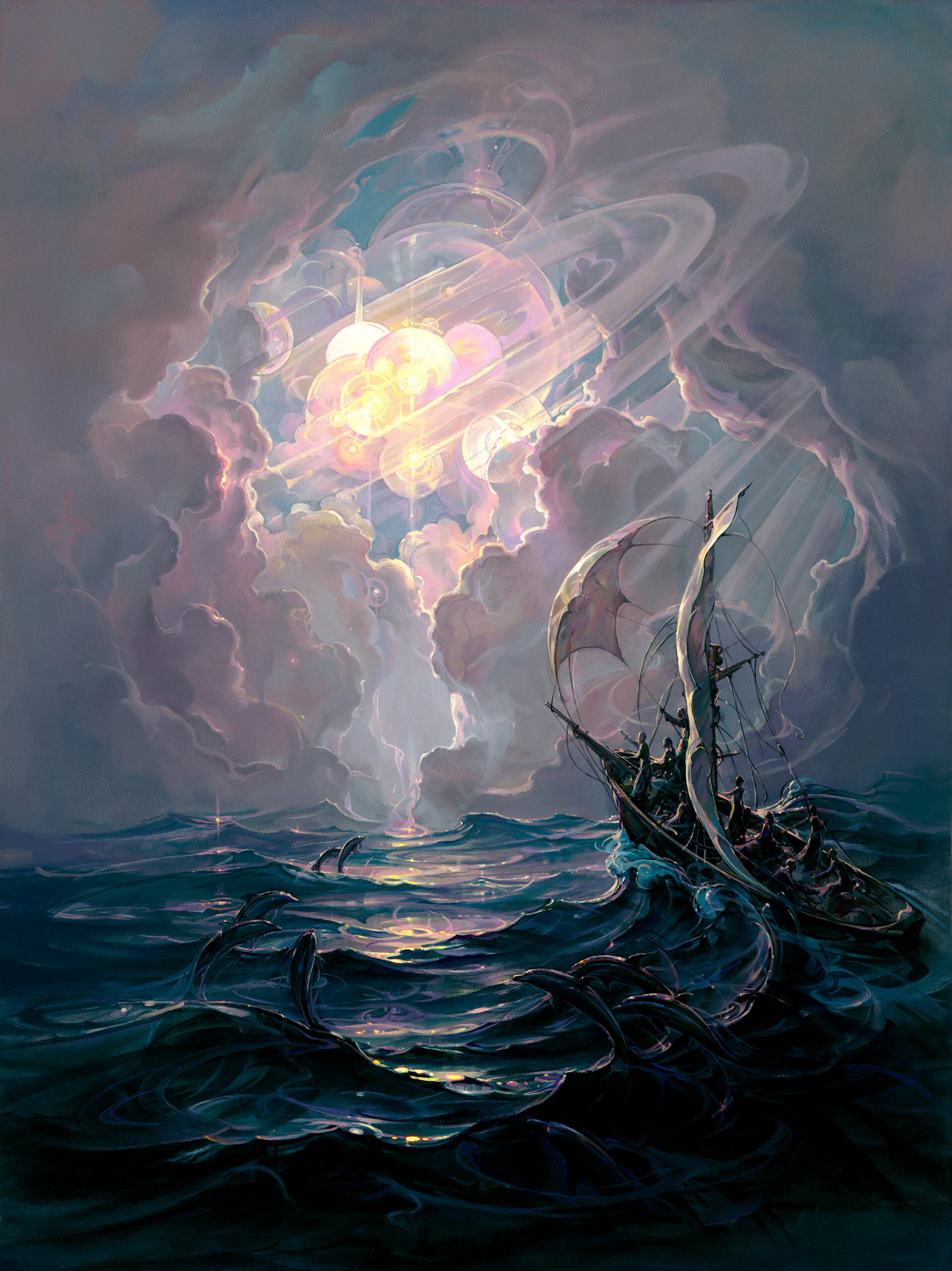 Symbolic depiction of a human journey through abstract environments in John Pitre Voyage of Man artwork, surreal fine art representing growth, time, and purpose
