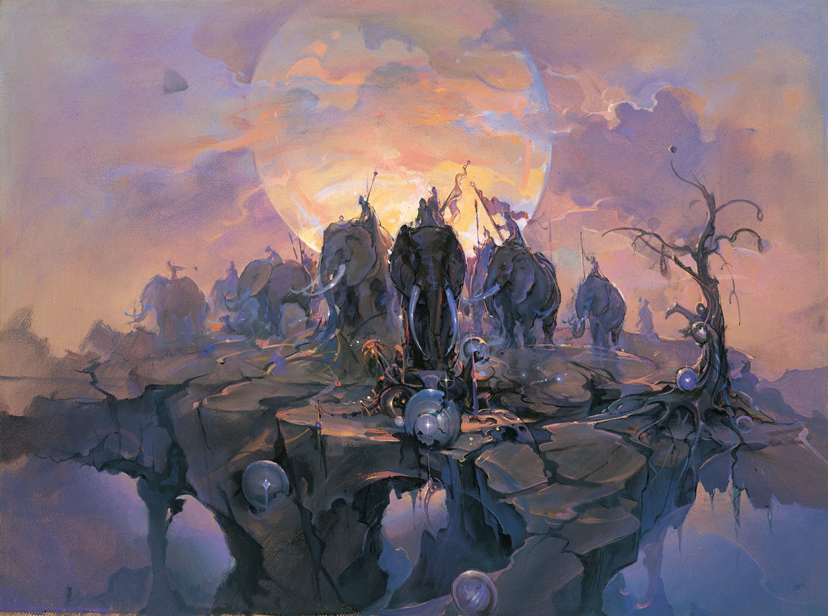 John Pitre In the Company of Giants painting featuring armored riders on elephants crossing fractured surreal landscape under glowing sun, visionary fine art symbolizing power, journey, and ancient strength