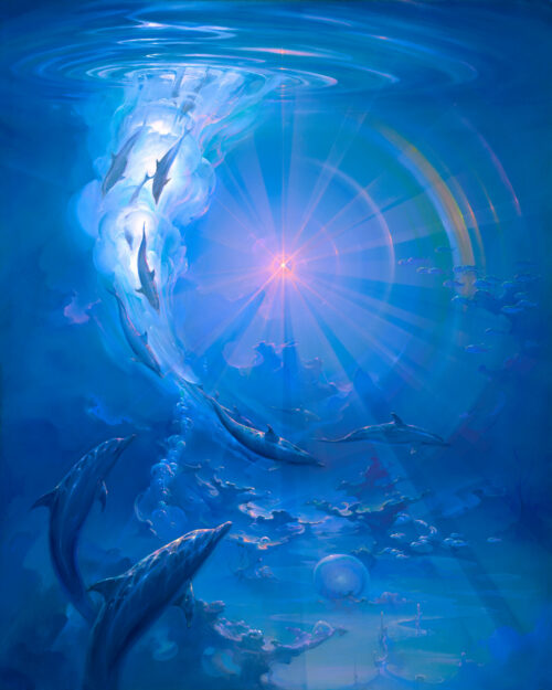 John Pitre Of Consciousness and Light painting featuring dolphins ascending through luminous underwater spiral toward radiant light source, surreal ocean artwork with sun rays, bubbles, and ethereal blue tones symbolizing awareness, energy, and spiritual awakening in visionary fine art