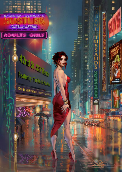 42nd Street by John Pitre featuring a neon-lit city scene with a woman in a red dress standing in a reflective street surrounded by adult theater signs and glowing advertisements, symbolizing desire, illusion, and urban nightlife