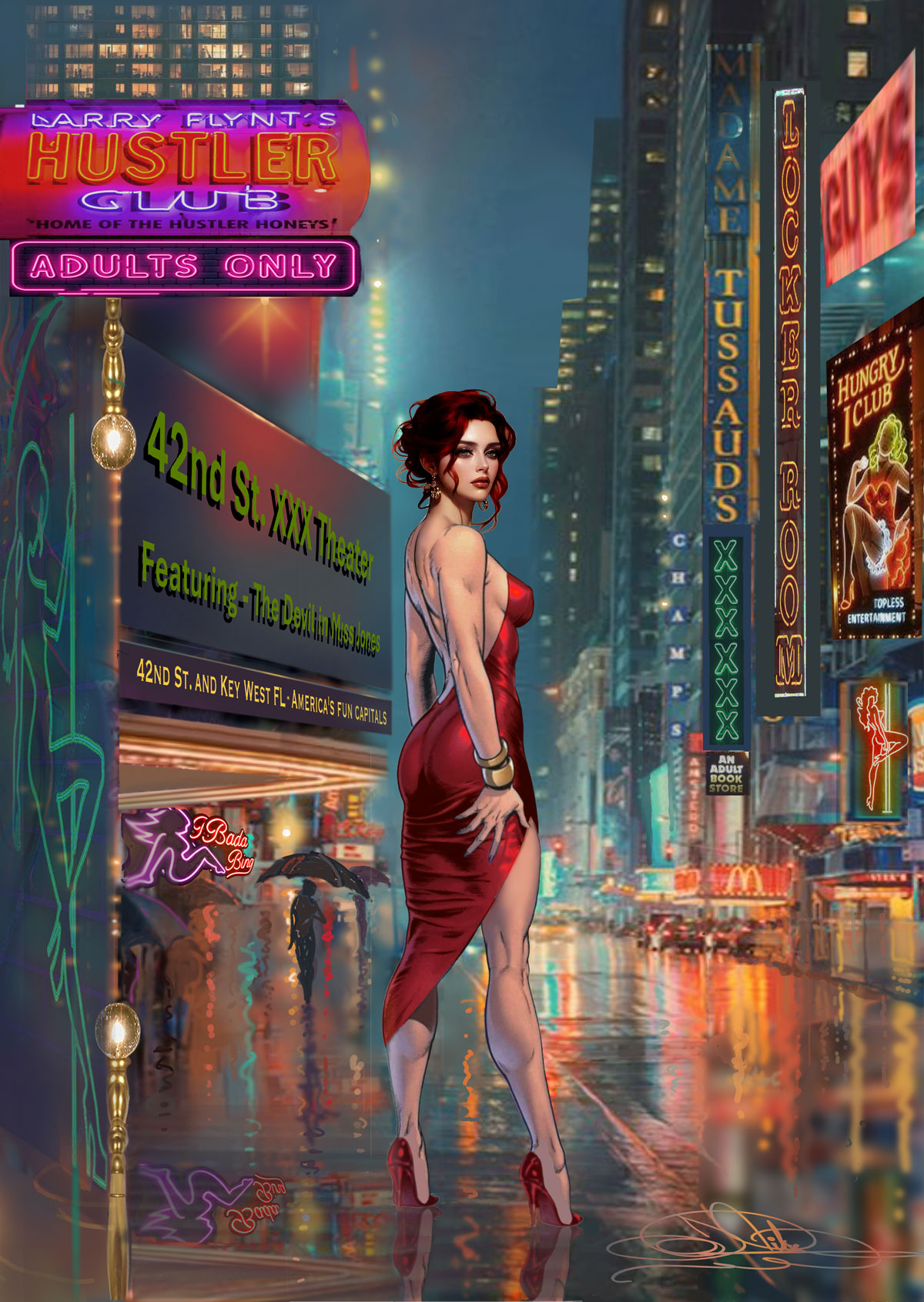 42nd Street by John Pitre featuring a neon-lit city scene with a woman in a red dress standing in a reflective street surrounded by adult theater signs and glowing advertisements, symbolizing desire, illusion, and urban nightlife