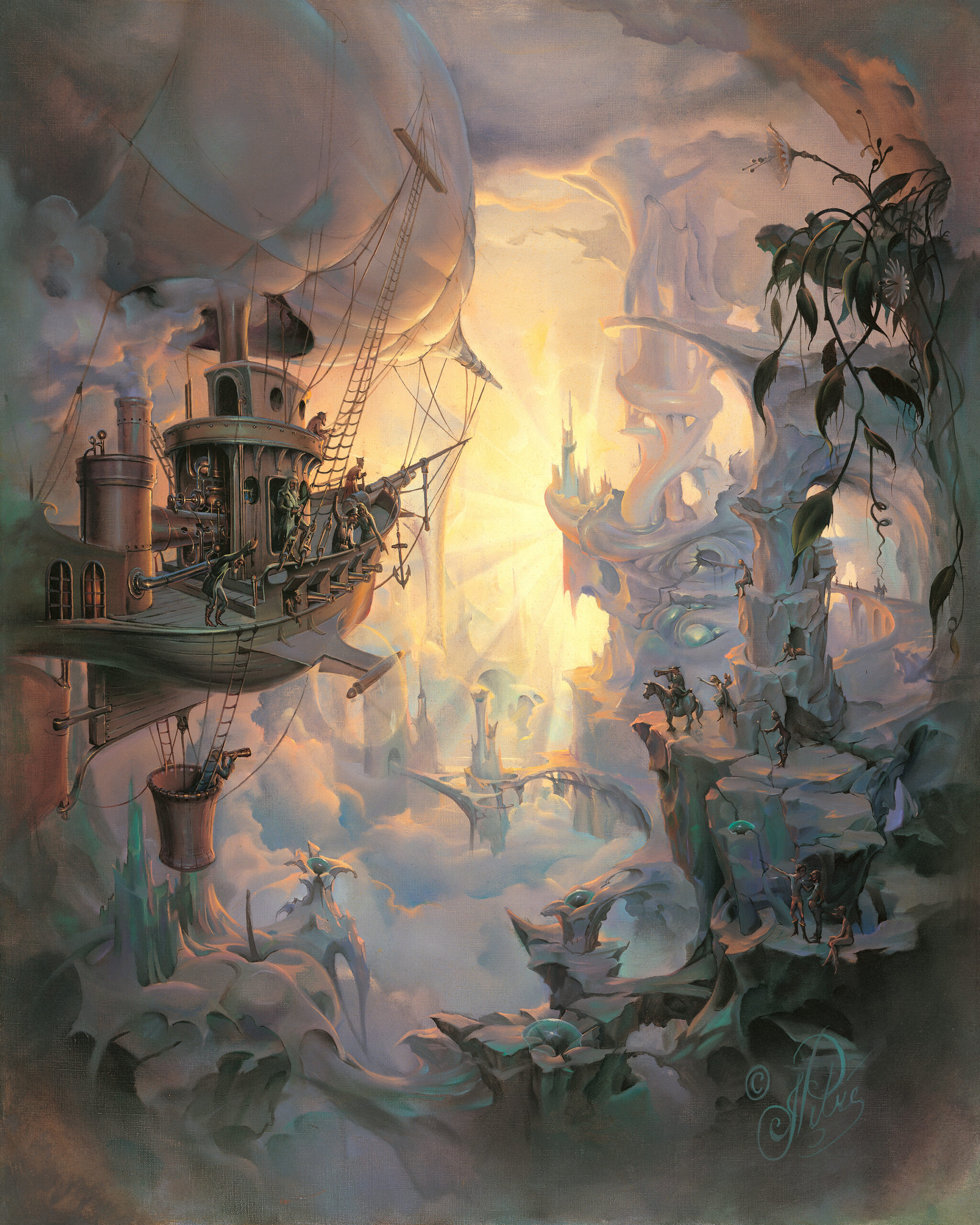 Dream of Flight by John Pitre depicting a surreal airborne vessel drifting through luminous clouds toward a fantastical cliffside city, with figures exploring a dreamlike landscape of light and atmosphere