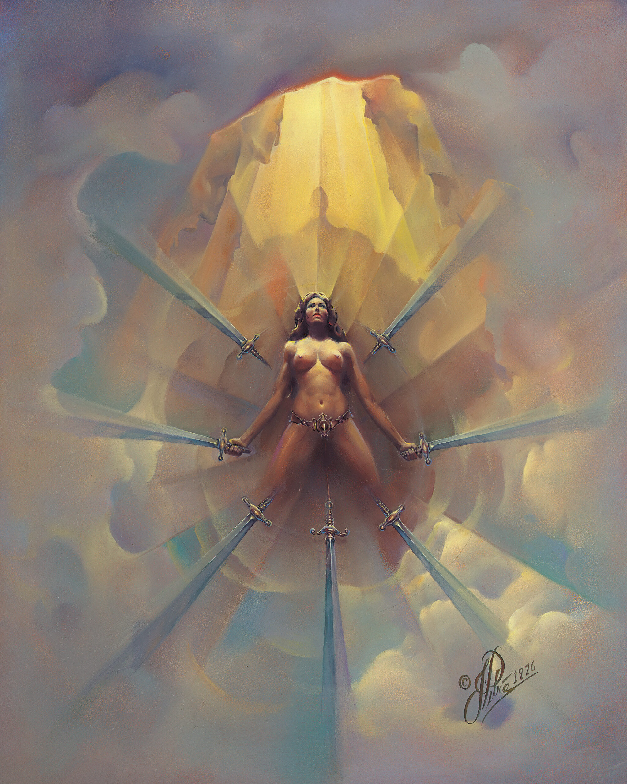 John Pitre Queen of Swords surreal painting of nude female figure surrounded by swords and radiant light, symbolic power, strength and feminine authority fine art
