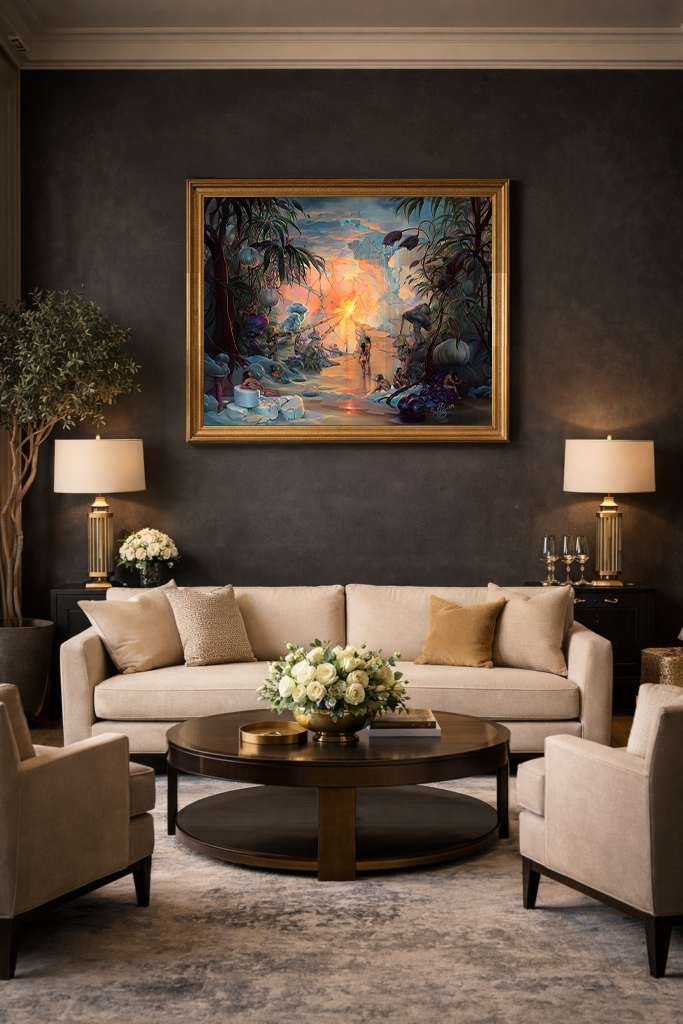 John Pitre Temptations surreal artwork displayed above modern living room sofa, luminous paradise scene with figure, symbolic nature, fine art wall decor