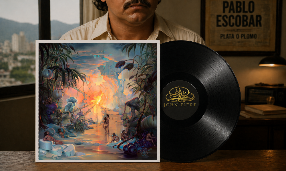 Vinyl record beside surreal jungle artwork inspired by John Pitre’s ‘Temptations,’ tied to the story of Pablo Escobar as the last known owner”
