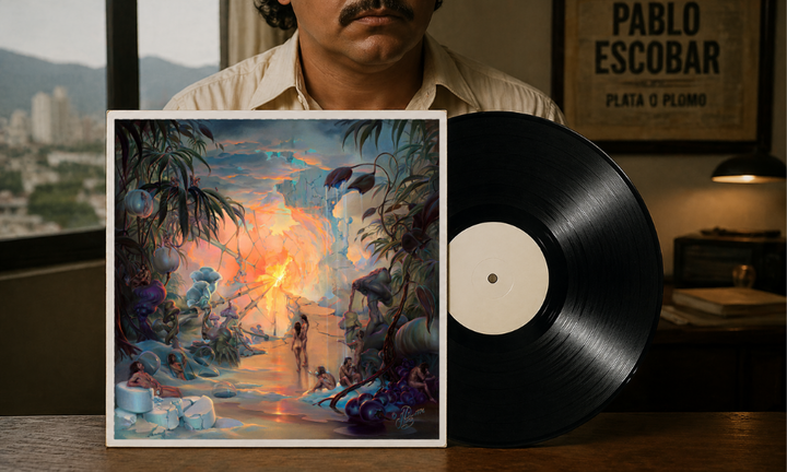 Vinyl record beside surreal jungle artwork inspired by John Pitre’s ‘Temptations,’ tied to the story of Pablo Escobar as the last known owner”