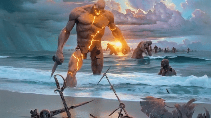 Updated Ending Power-high Remnants of Power by John Pitre animated as monumental statues come to life, stepping down from their pedestals and walking toward the shoreline as the scene shifts with cinematic motion and dramatic lighting
