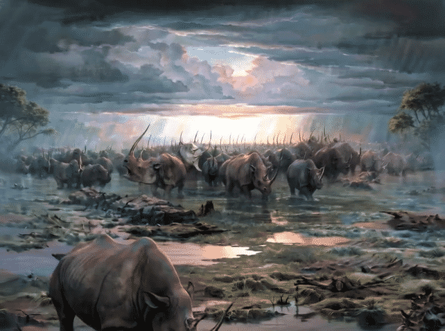 domination of power Animated GIF inspired by John Pitre’s Domination of Power, showing a vast herd of rhinoceroses moving through glowing prehistoric wetlands beneath a storm-filled sky, with a dominant foreground rhino lifting its head and roaring as lightning flashes across the horizon.