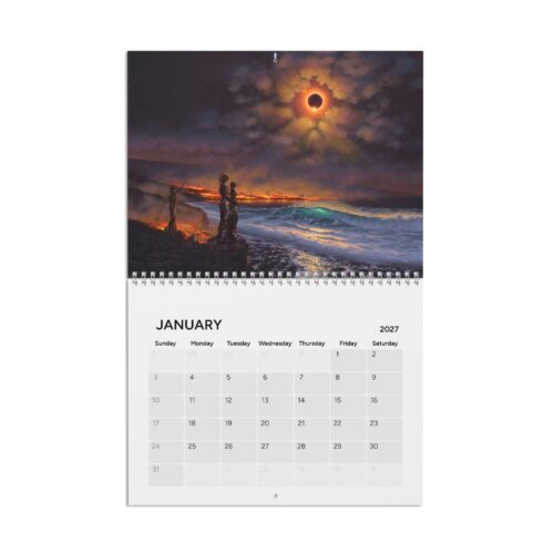 John Pitre 2027 Fantasy Art Calendar displayed in a coastal-inspired home with ocean views.